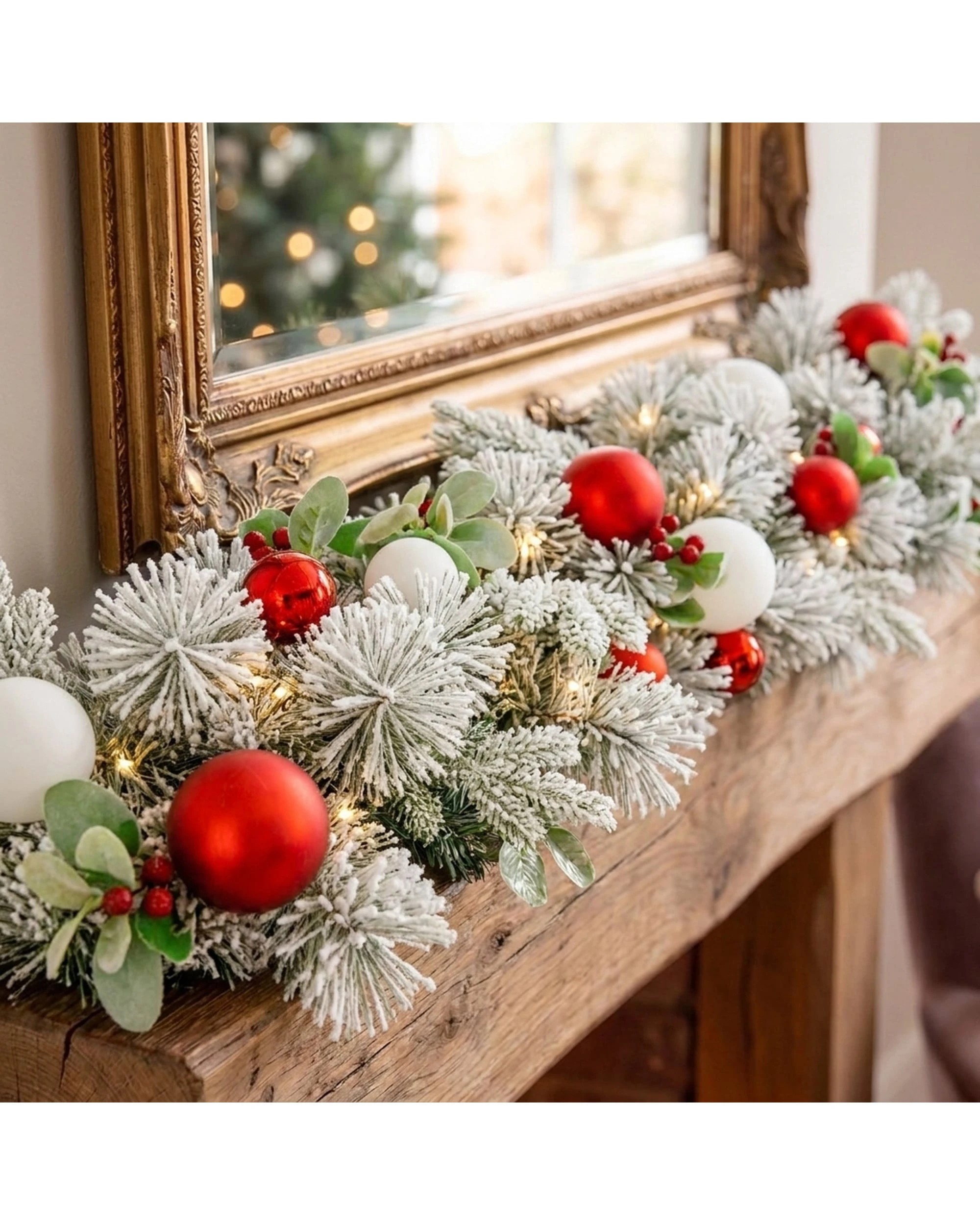 4 Christabelle 2.74m Snowy Elegance Christmas Garland Pre Lit Warm White LED Red Baubles Berries Flocked Mantel Banister, 4 of 7