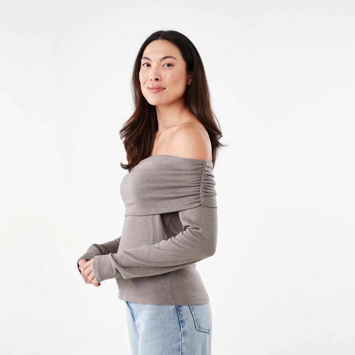 2 Long Sleeve Off Shoulder Top Taupe Brn, 2 of 5