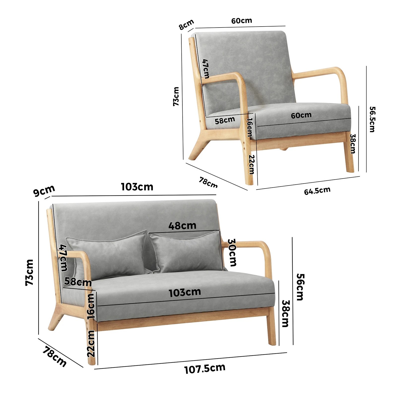 2 Oikiture 2PCS Armchair Lounge Chair set 1/2 Seater with 2 Pillows Fabric - Grey, 2 of 10