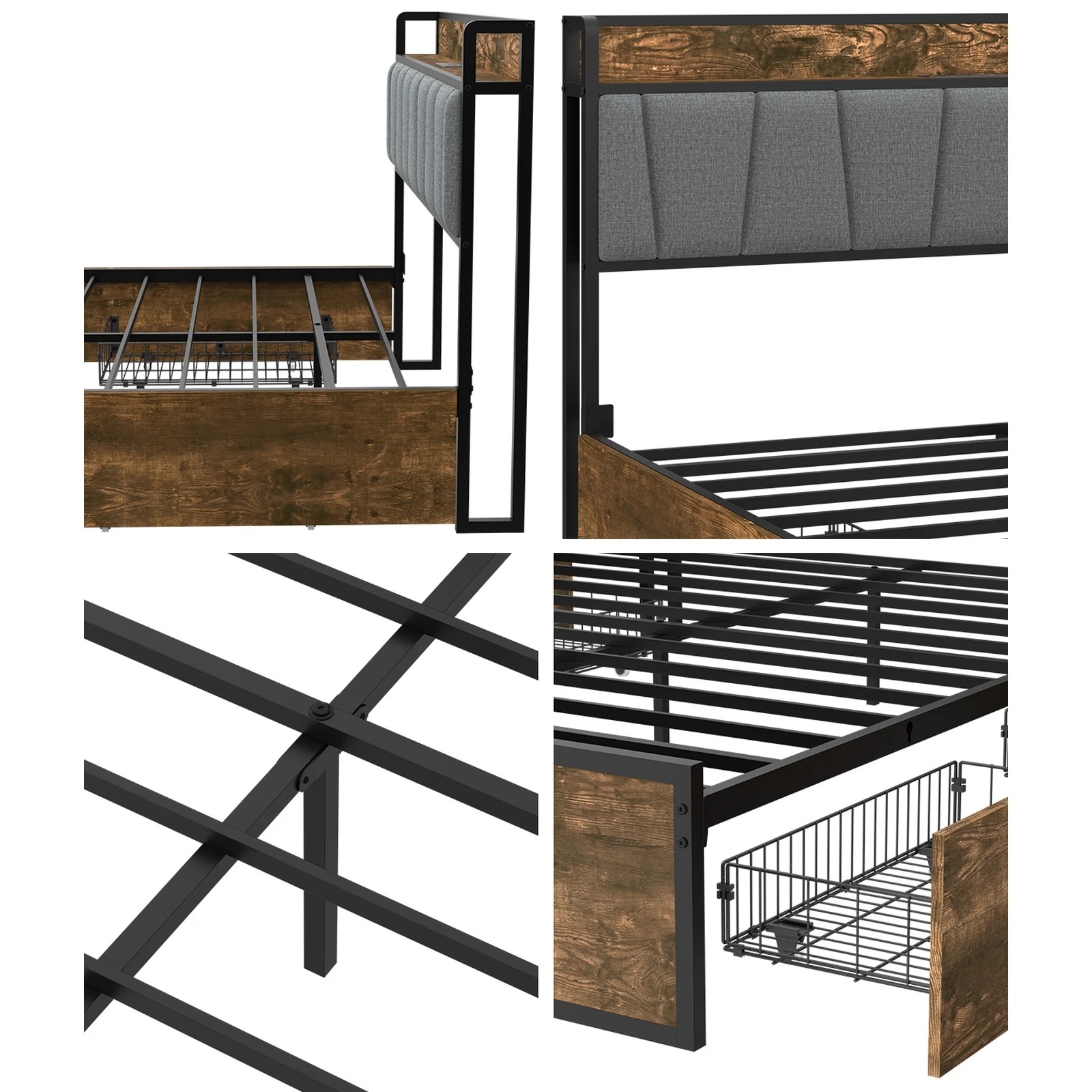 5 Oikiture Double Metal Bed Frame Storage Headboard AC USB Charge - Double Bed - Natural, 5 of 5