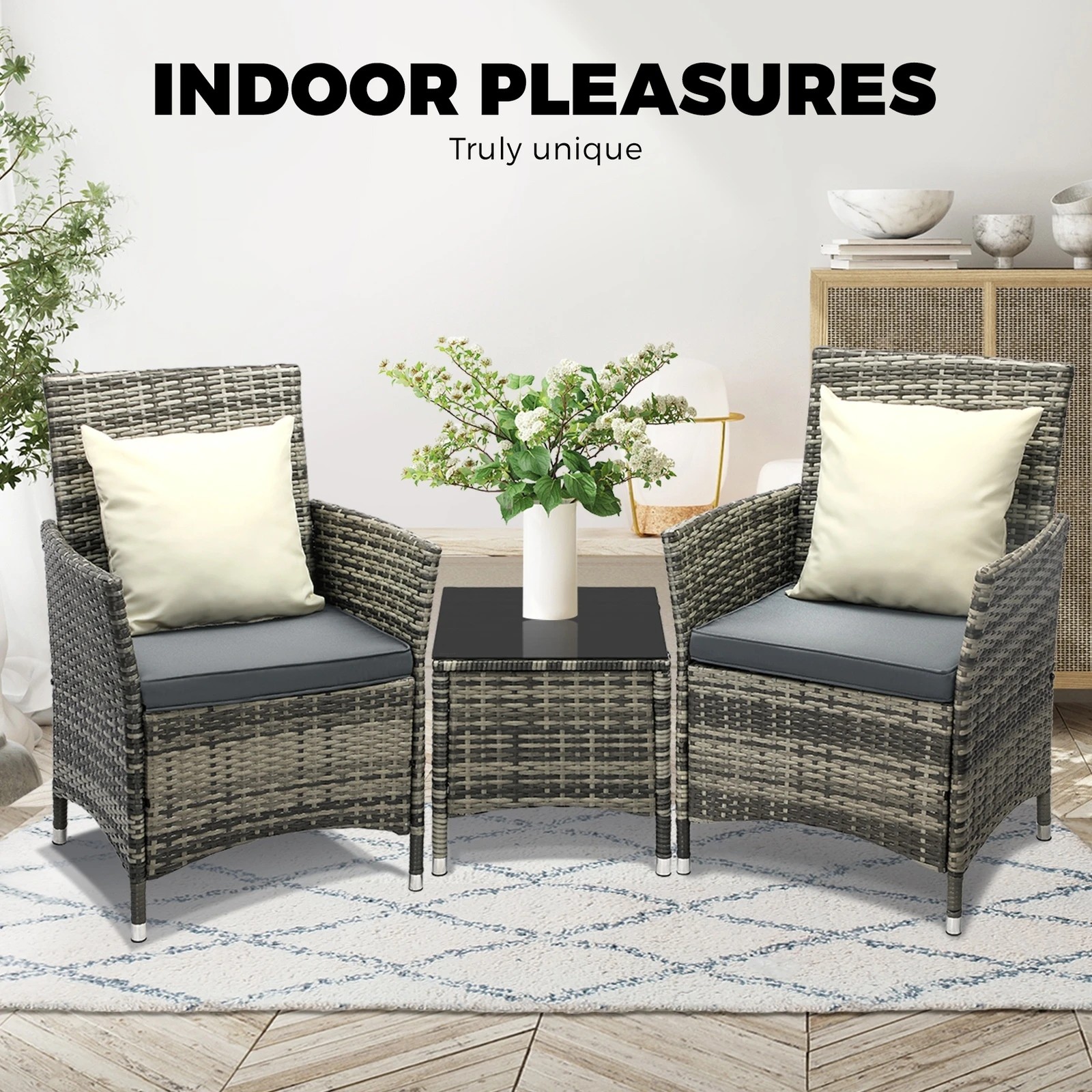 2 Livsip Outdoor Furniture Setting 3 Piece Wicker Bistro Set Patio Chairs Table
 - Grey, 2 of 10