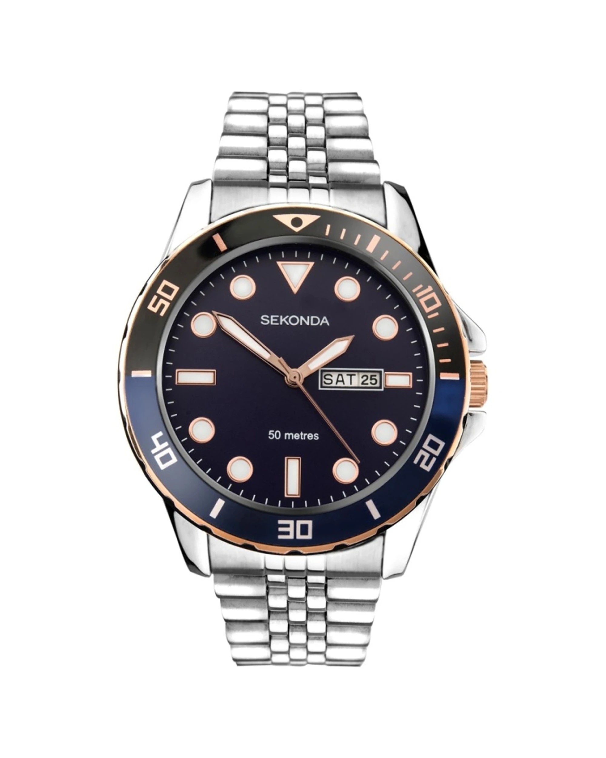 1 Sekonda Men's Silver Metal Bracelet 46mm Watch Rose Gold Accents 5 ATM Water Resistant, 1 of 2