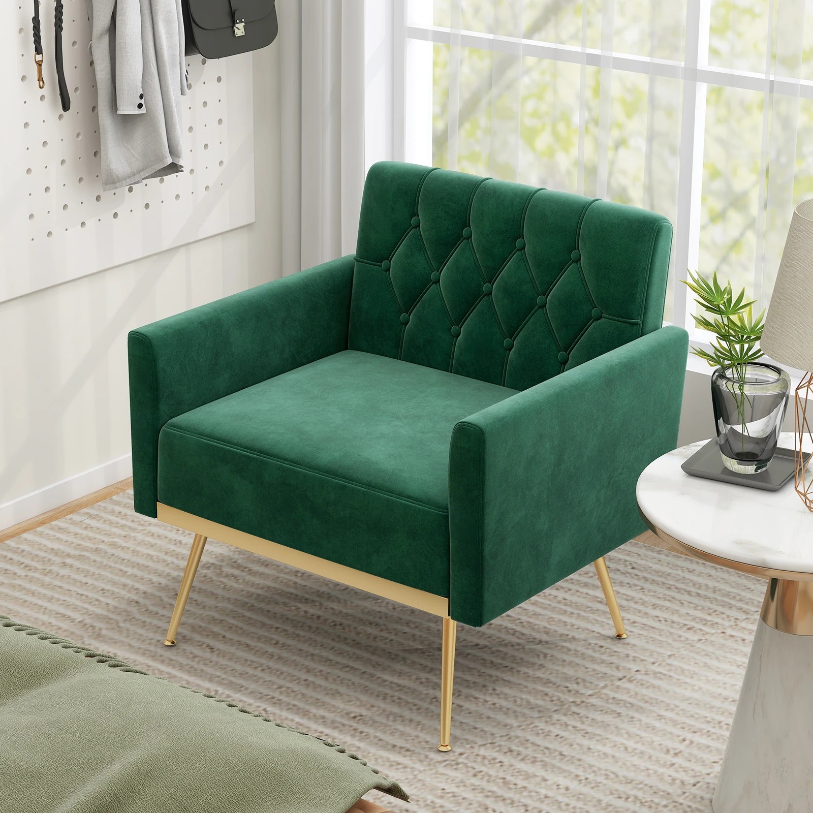 4 Costway Modern Accent Armchair Velvet Sofa Chair w/Button Tufted Back & Golden Metal Legs - Green, 4 of 5