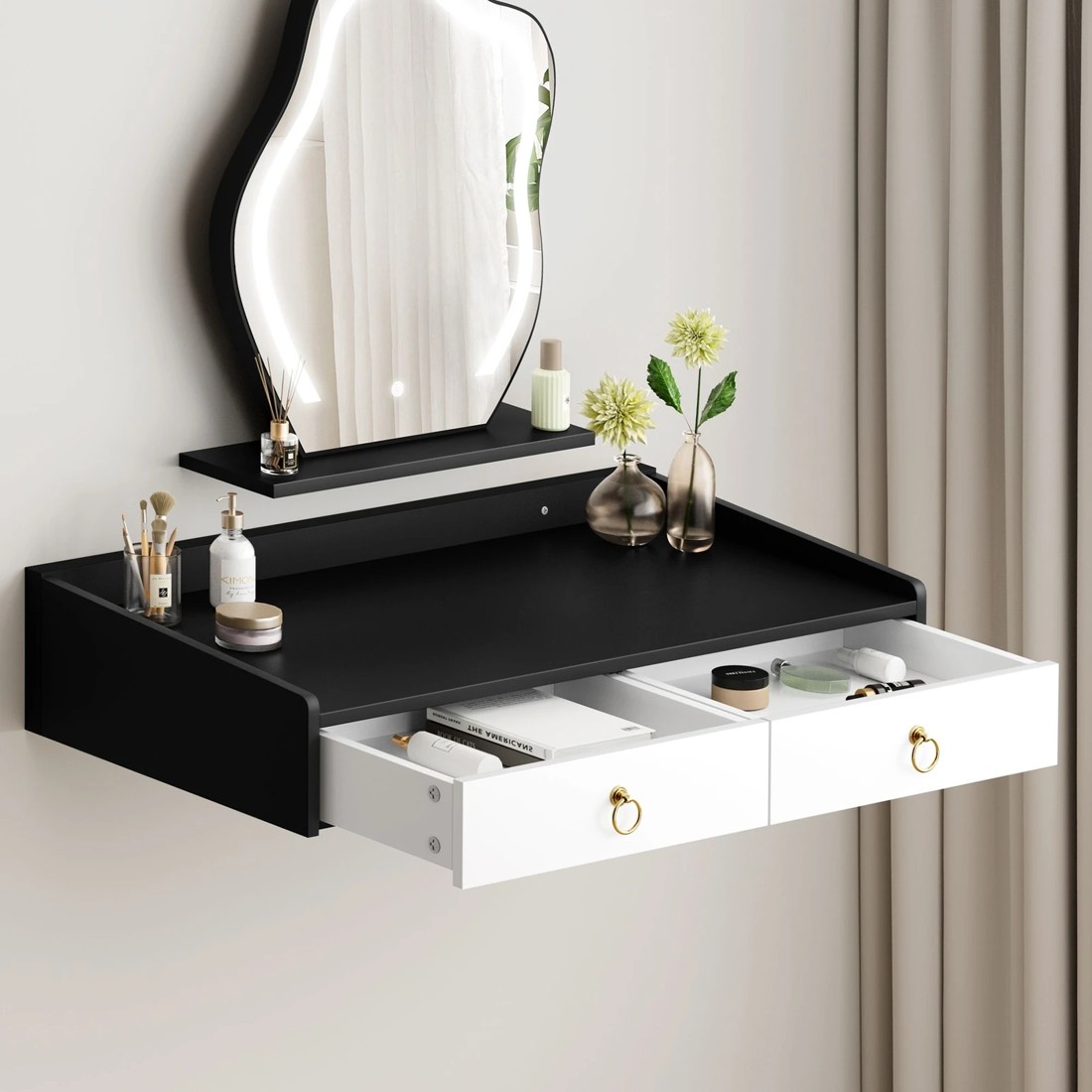 4 Alfordson Dressing Table Stool Floating Makeup Mirror Vanity Desk LED - Black White, 4 of 10