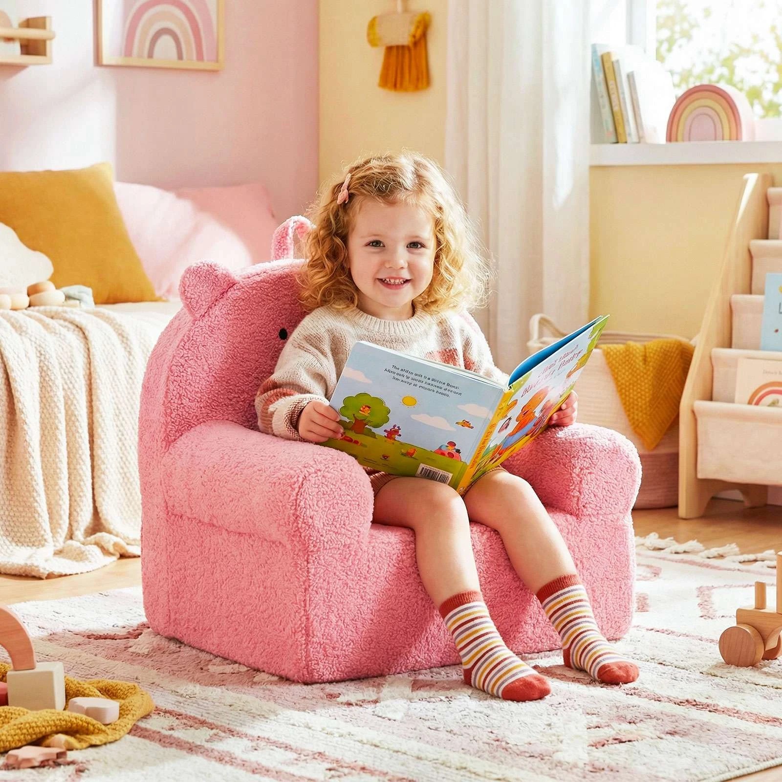 2 Costway Little Bear Sofa Foam Couch Cute Reading Chair Teddy Fleece Fabric - Pink, 2 of 2