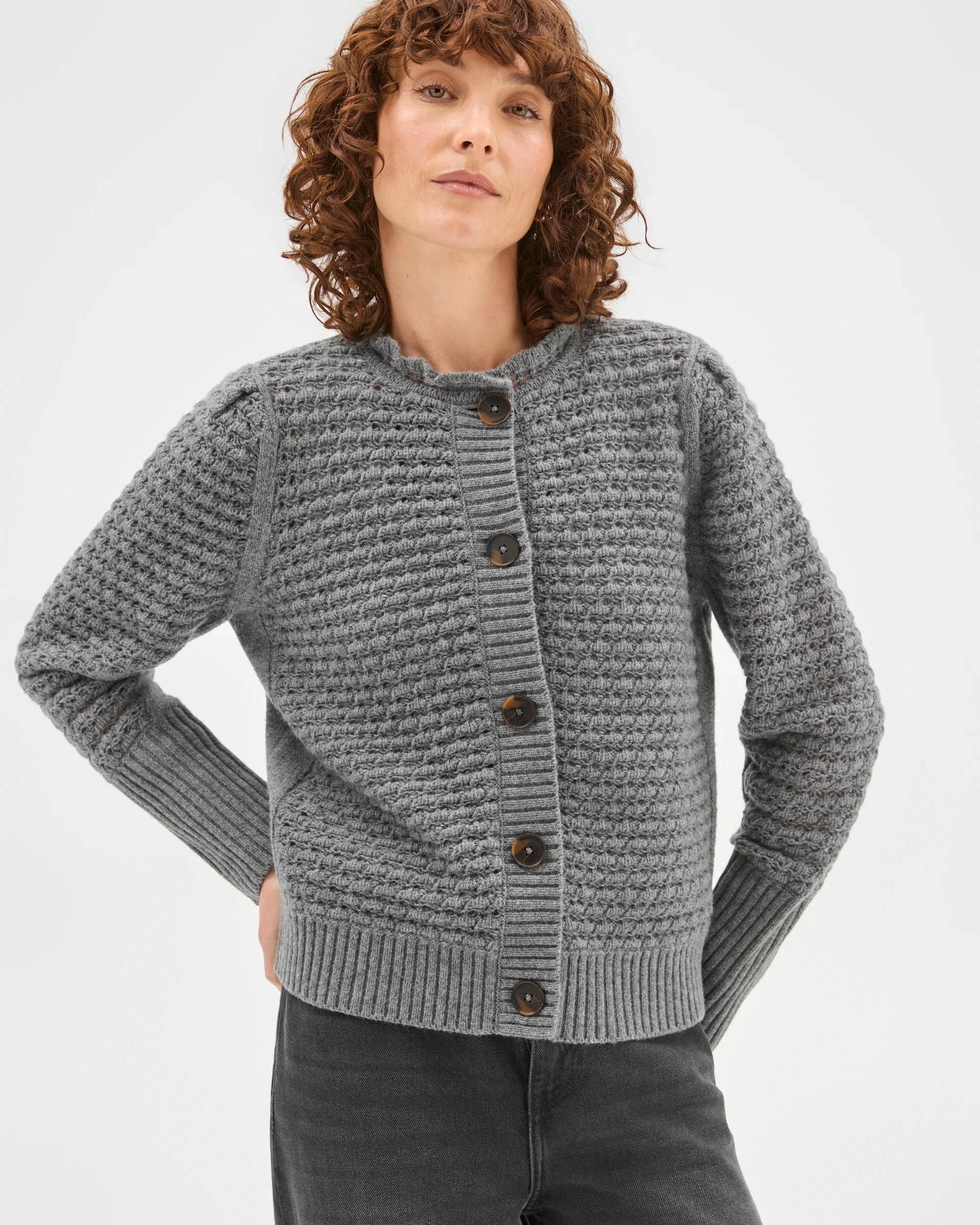 4 Target Woman Basket Stitch Ruffle Neck Cardigan CHARCOAL MARLE, 4 of 7