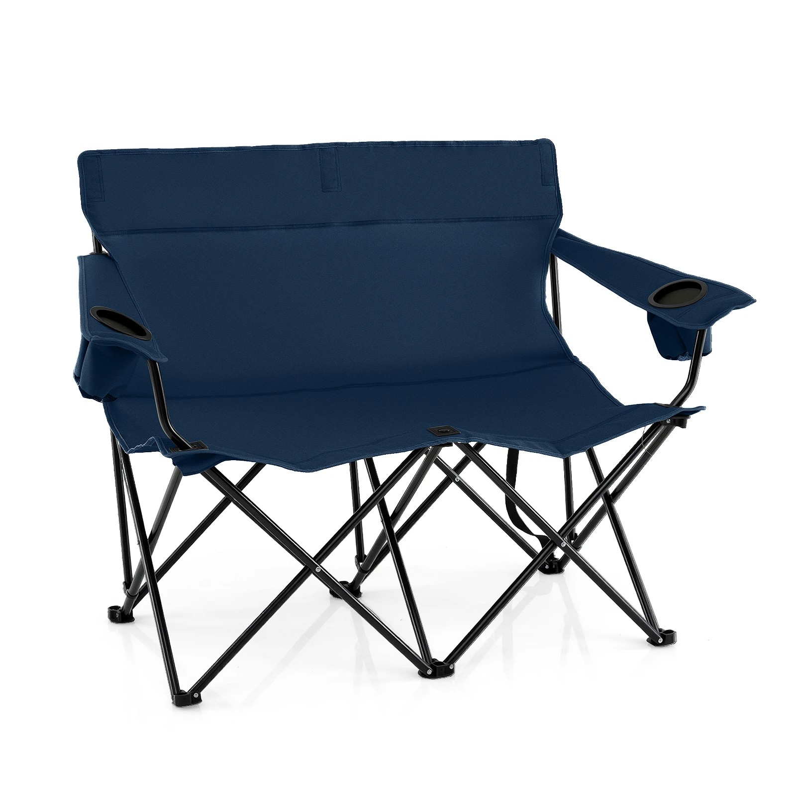 1 Costway Double Camping Chair 2-Person Portable Outdoor Folding Love Seat w/Cup Holders & Armrests - Blue, 1 of 3