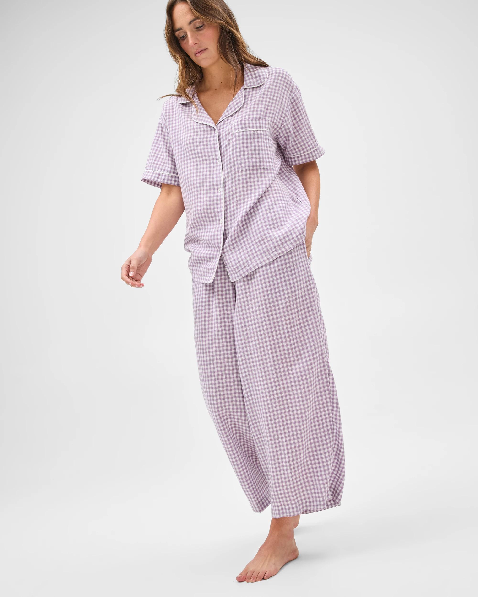 2 Target Woman Linen Blend 7/8 Length Pyjama Set PURPLE GINGHAM, 2 of 6