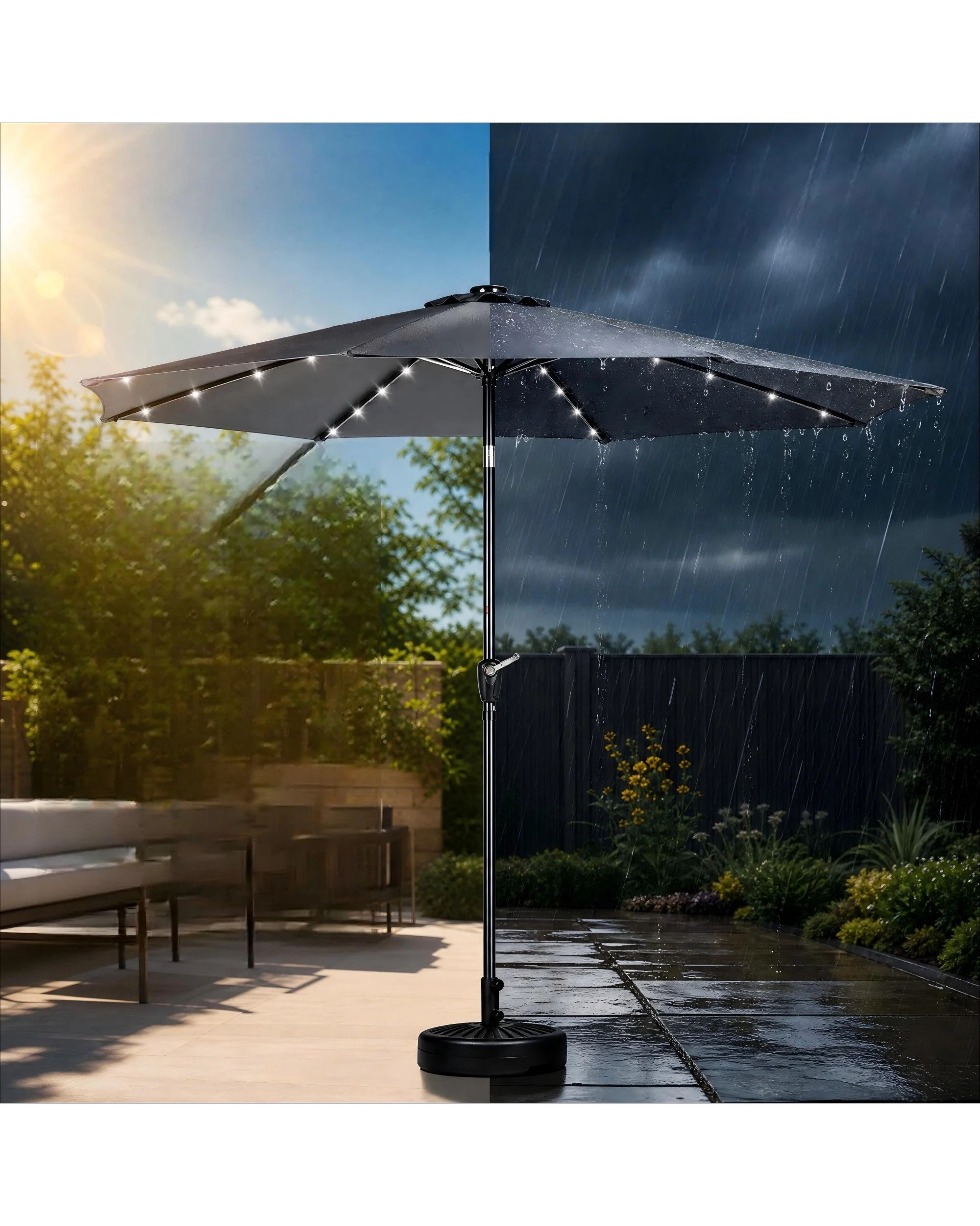 7 Advwin Solar Patio Umbrella with Base, 3m Outdoor Umbrella with 32 LED Lights & Cover - Grey, 7 of 9