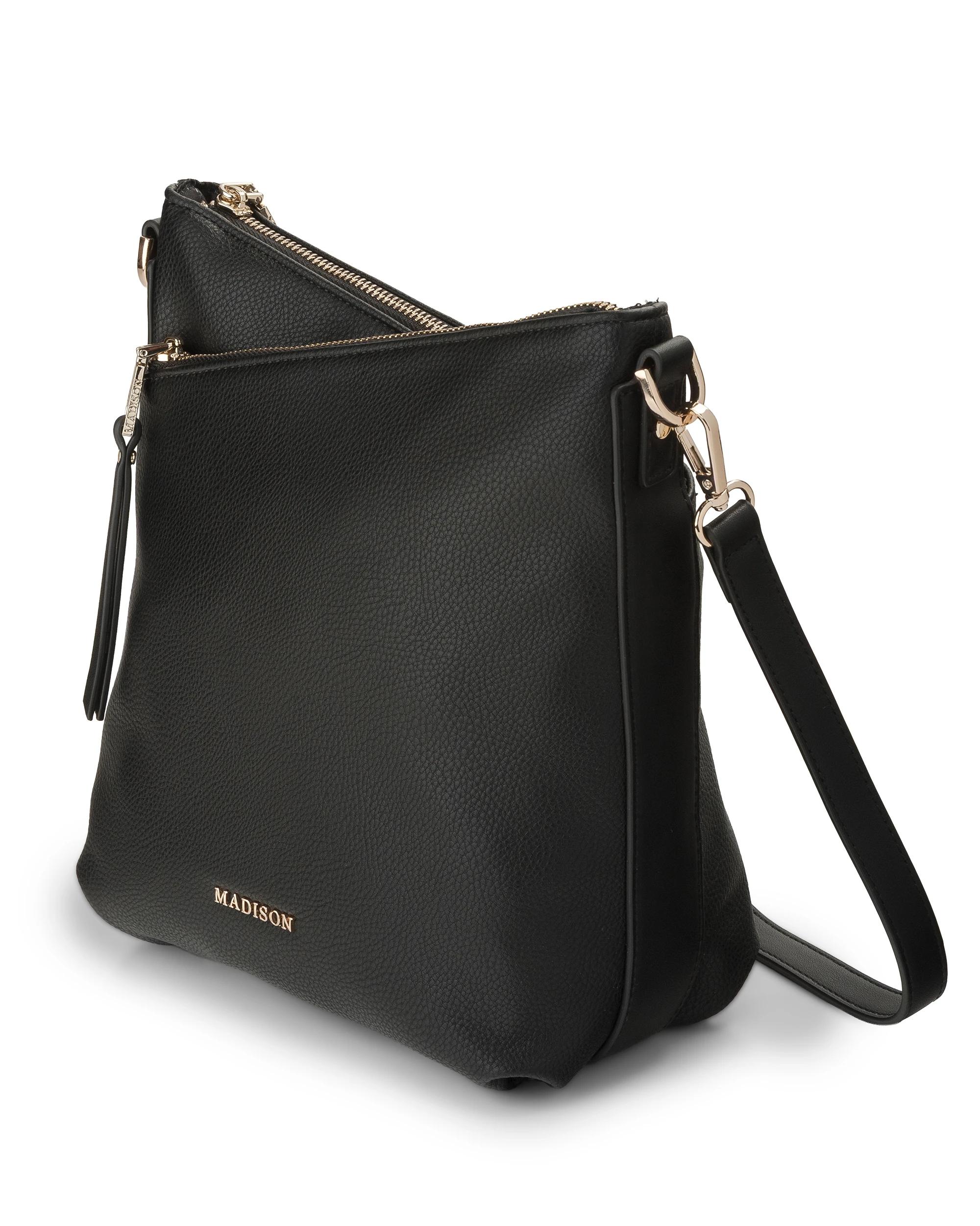 3 Madison Accessories Maya Medium Double Zip Sling Crossbody Bag BLACK LT GOLD, 3 of 5
