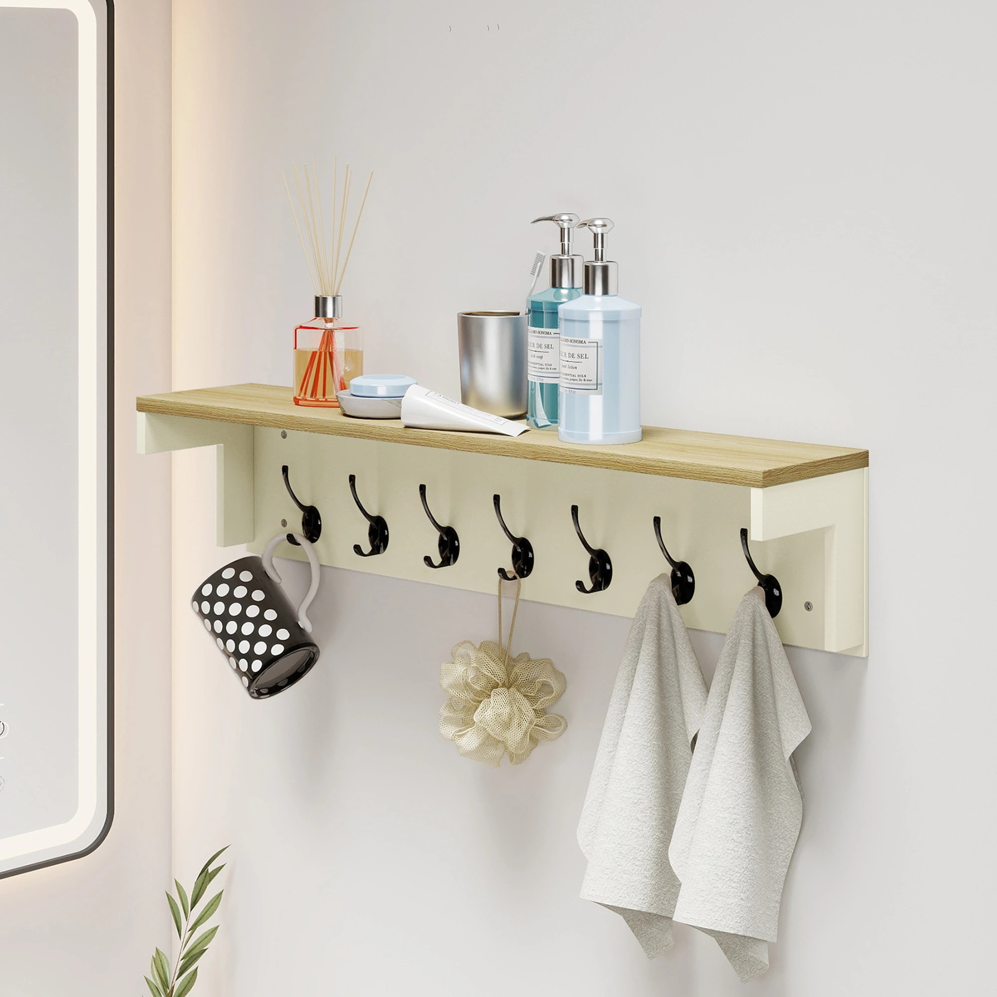 8 Levede Coat Rack Wall Mounted Shelf 7 Double Hooks Cream, 8 of 9