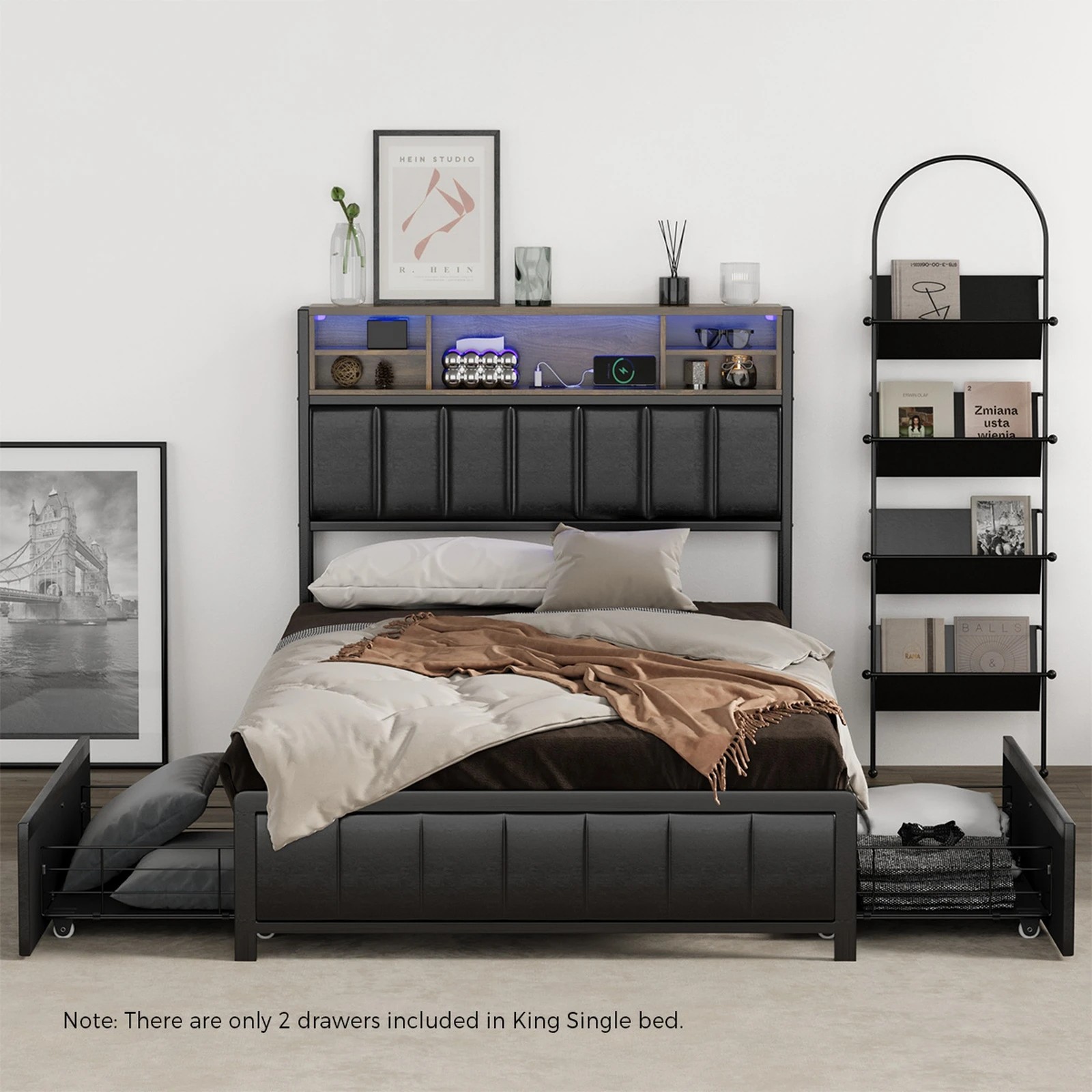 3 Oikiture Bed Frame King Single Size LED Storage Headboard USB Charge 2 Drawers - Black, 3 of 9