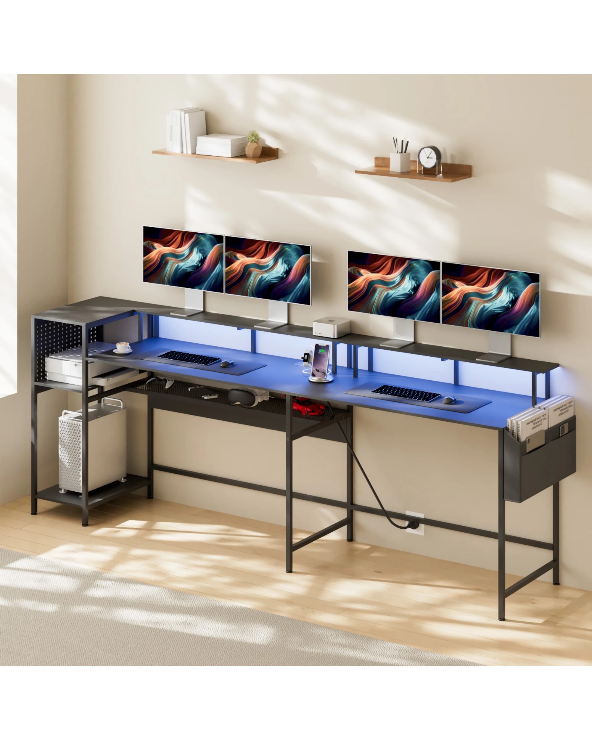 2 Advwin 150cm Convertible Gaming Computer Desk w/ LED Lights & Power Outlets  - Black, 2 of 10