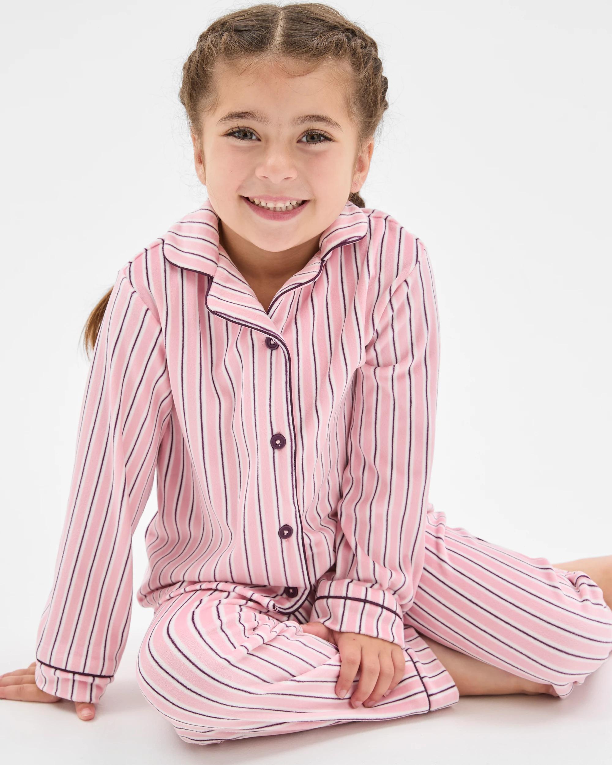 4 Target Kids Younger Girls Button Through Fleece Pyjama Set STRIPE, 4 of 6