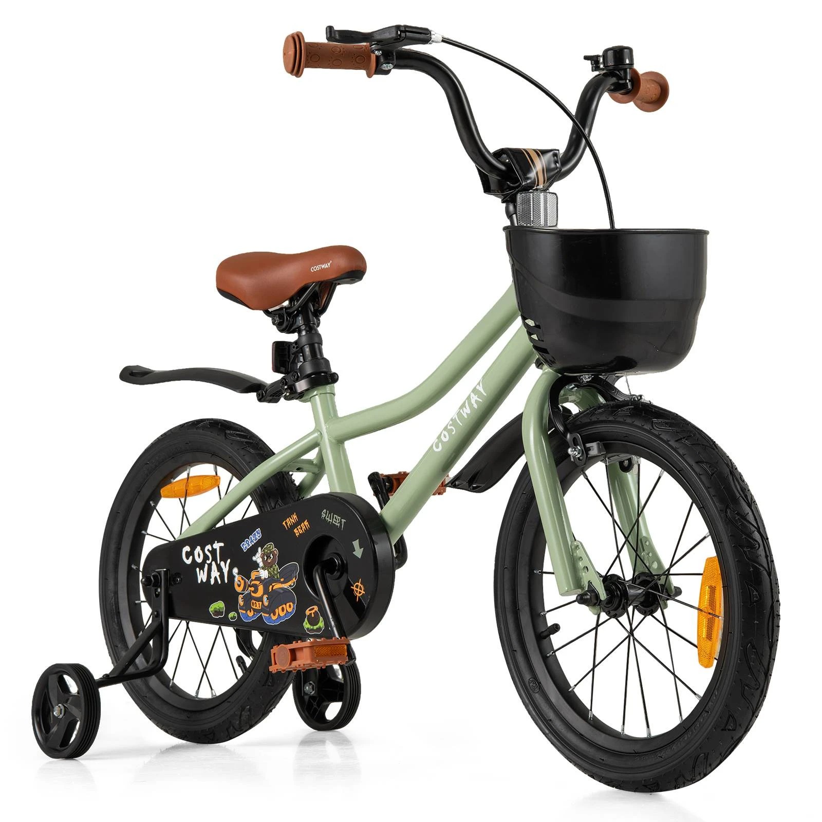 1 Costway 36cm Kids Bike w/Training Wheels & Adjustable Seat Push Pedal Bike Bicycle - Green, 1 of 3