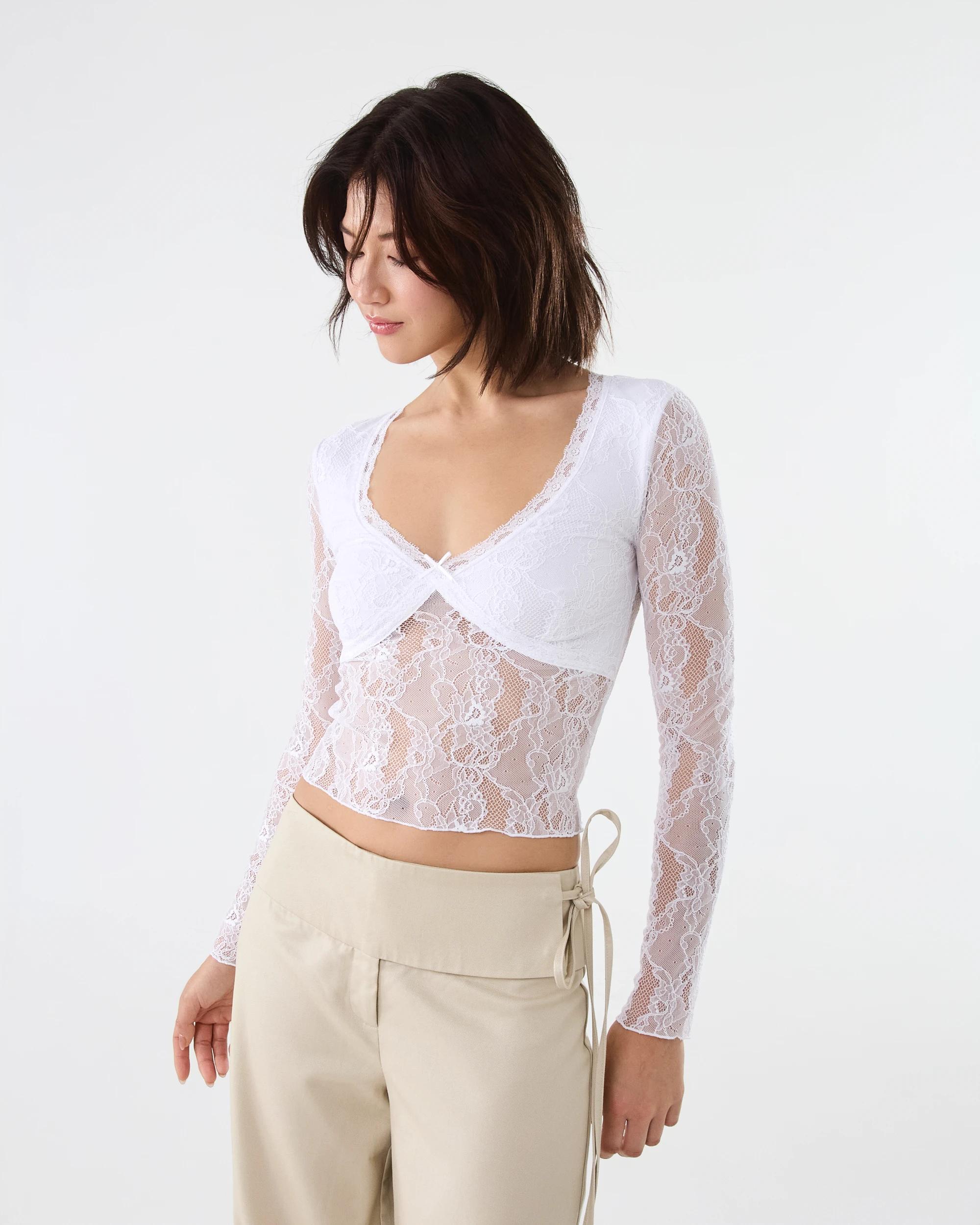 1 Long Sleeve Lace V-Neck Top White, 1 of 9