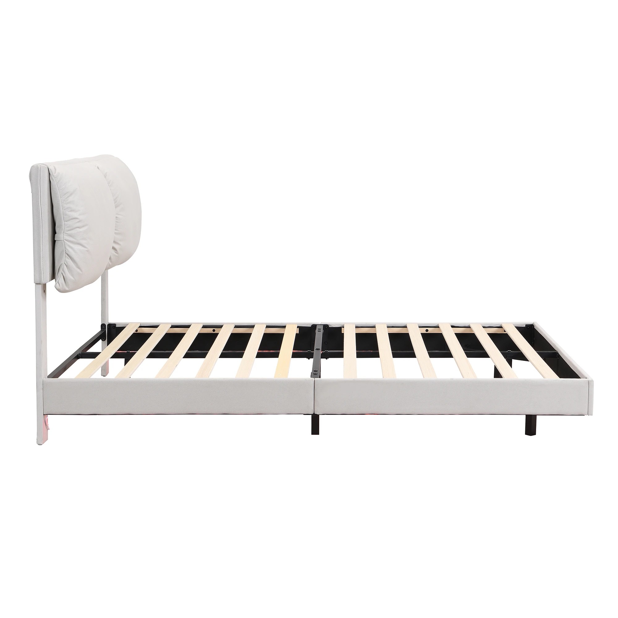 4 Levede Double Upholstered Platform Bed Frame with Light - Beige, 4 of 9