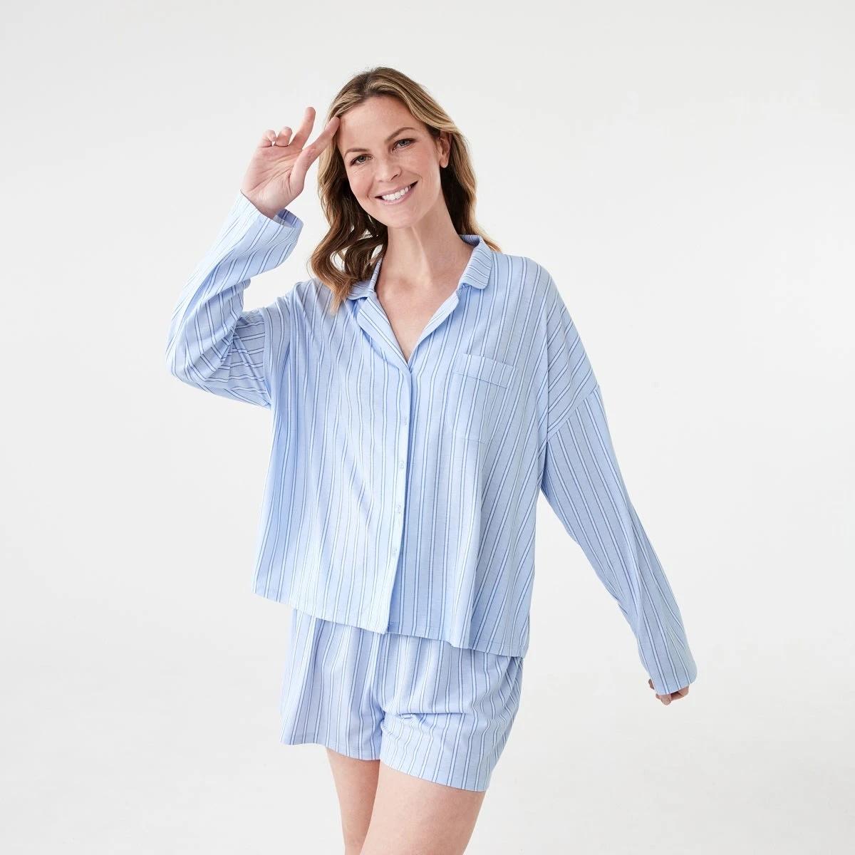 1 Long Sleeve Top and Shorts Comfort Pyjama Set TONAL STRIPE HALOGEN BLUE, 1 of 8