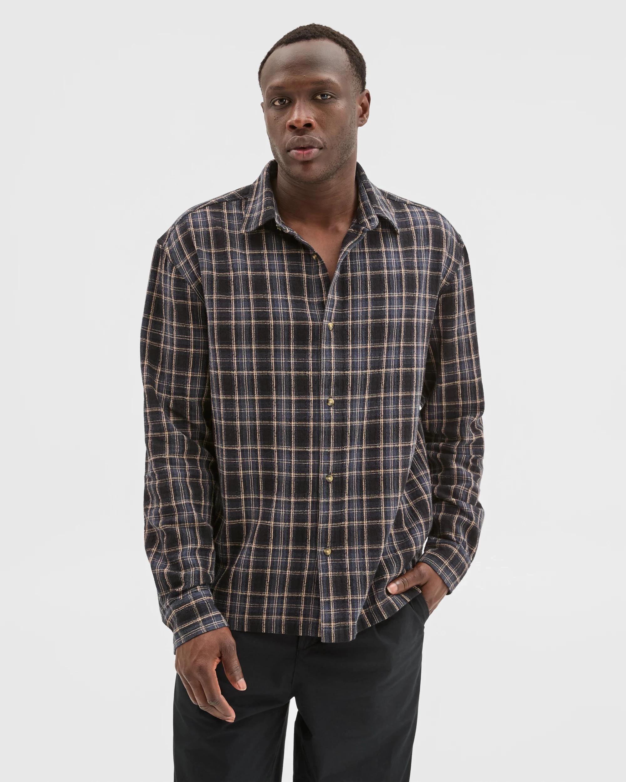 1 Commons Australian Cotton Boxy Fit Long Sleeve Textured Shirt GREY LARGE CHECK, 1 of 6