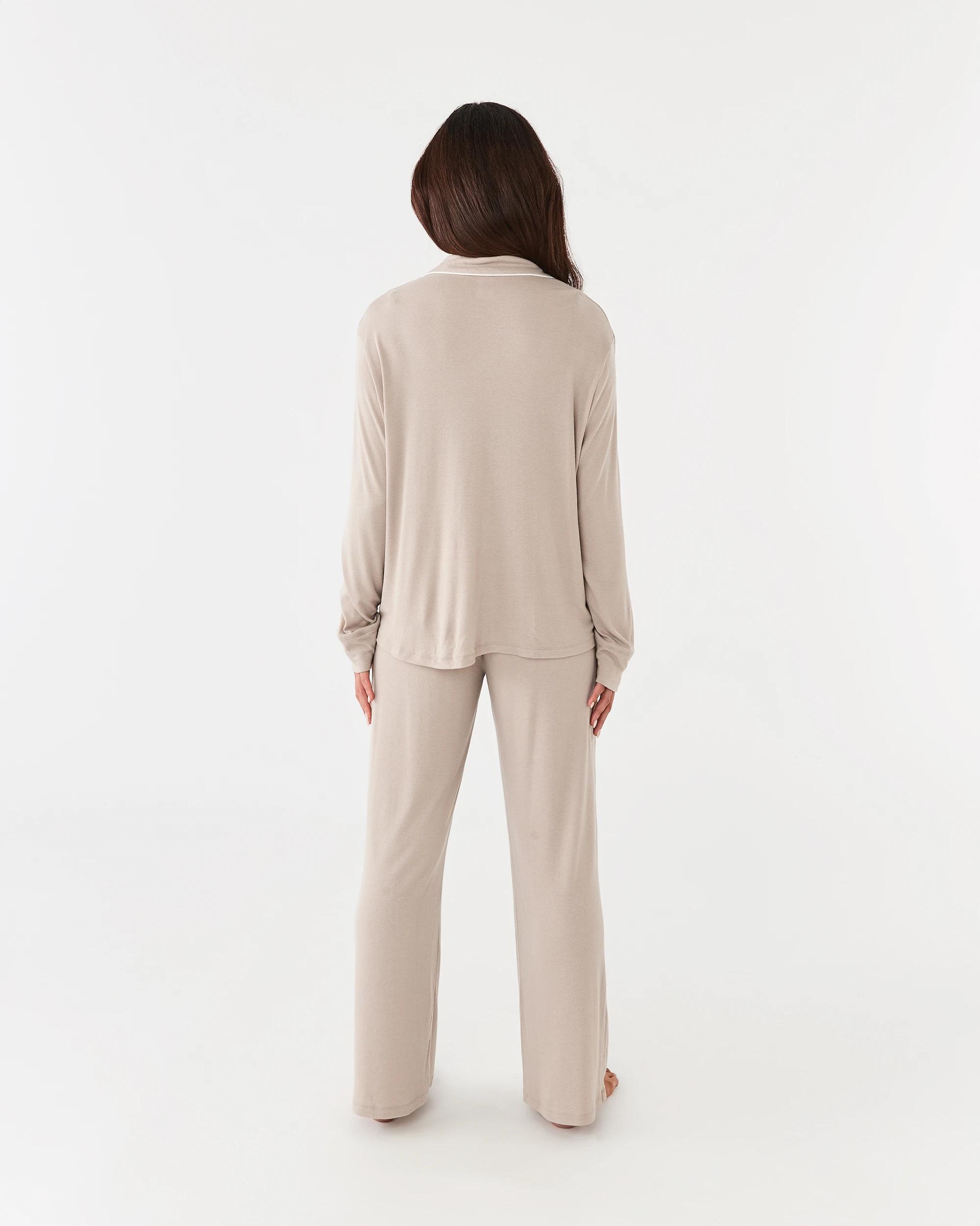 3 Long Sleeve Top and Pants Comfort Rib Pyjama Set Grey Taupe, 3 of 7