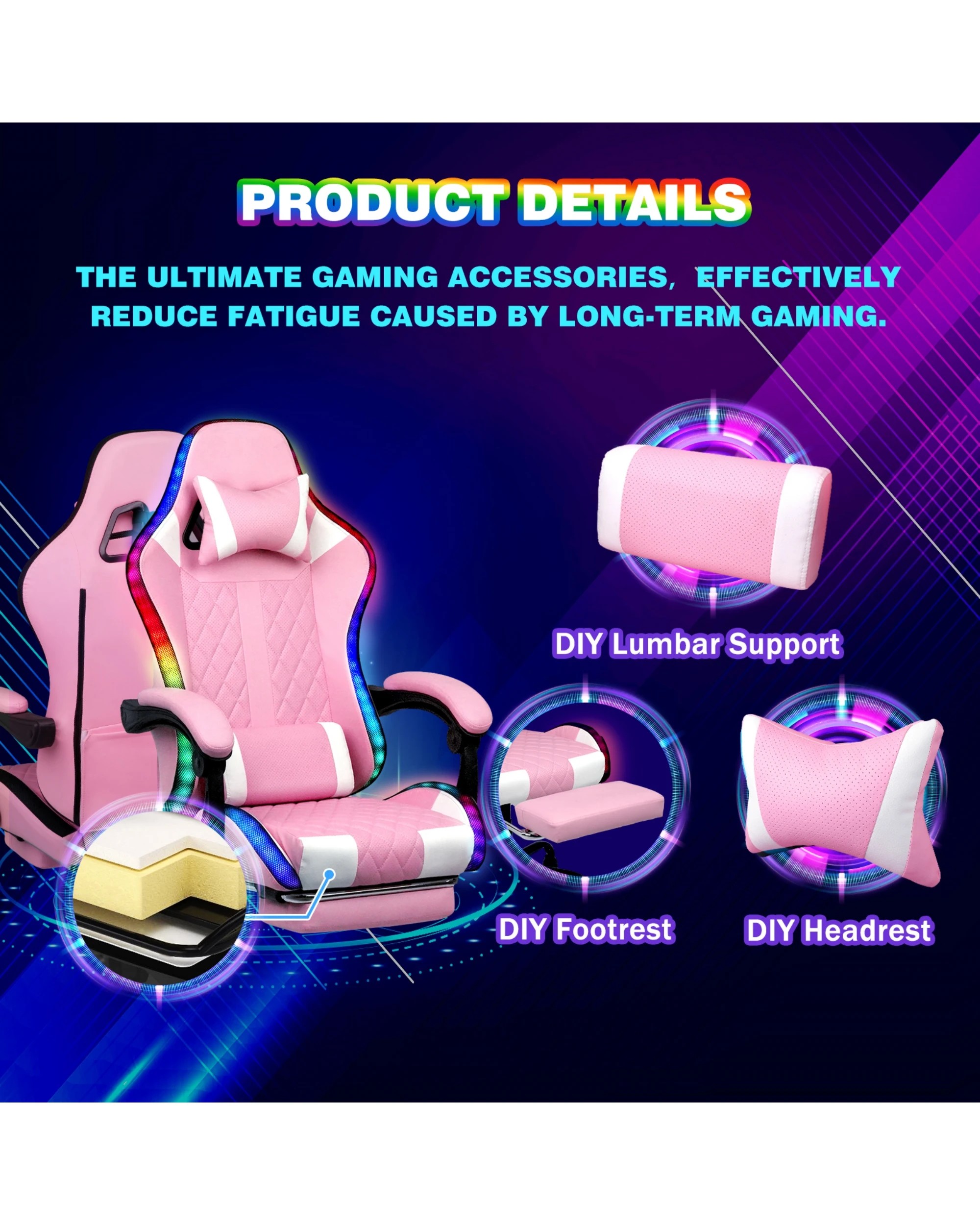 8 Advwin Gaming Chair With Massagers And LED Lights, Executive Office Chair With 135° Recline, Racing Computer Chair, 8 of 9