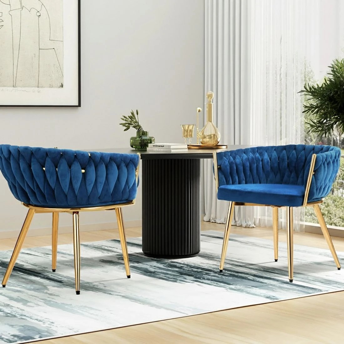 3 Artiss Dining Chair Velvet Weaving Armchair Vanity Chairs - Blue, 3 of 3