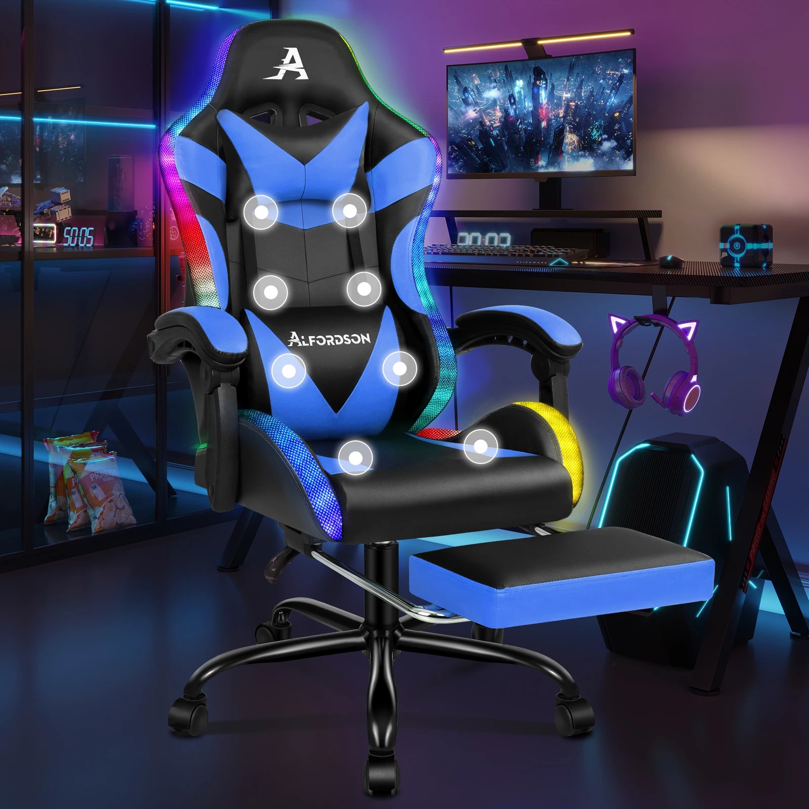 2 Alfordson Gaming Chair Office Massage 12 RGB LED Computer Seat PU Leather - Blue, 2 of 10