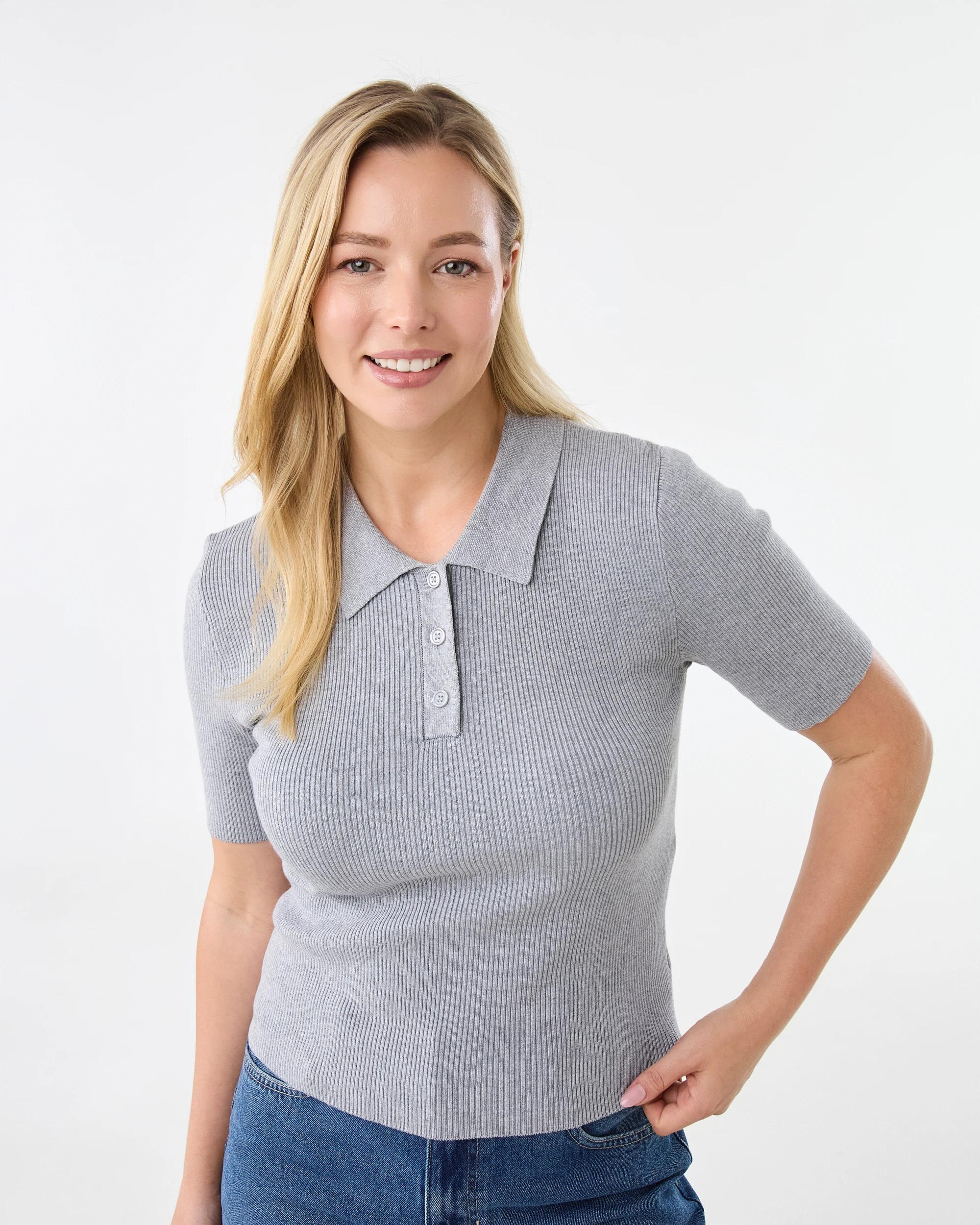 1 Short Sleeve Knit Polo Shirt Gry Chmrle, 1 of 6