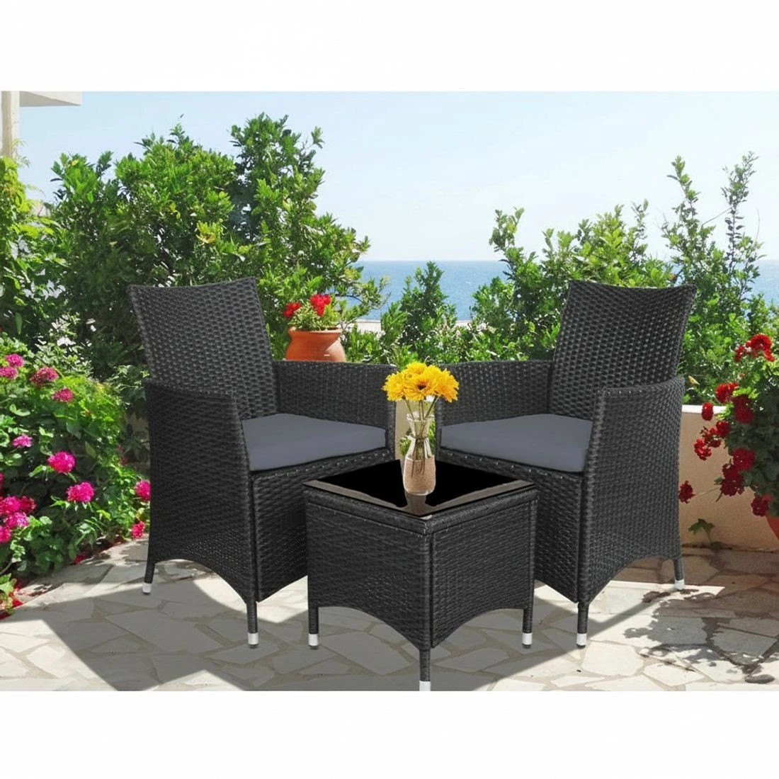 6 Gardeon 3PC Outdoor Bistro Set Patio Furniture Wicker Chairs Table Cushion - Black, 6 of 7