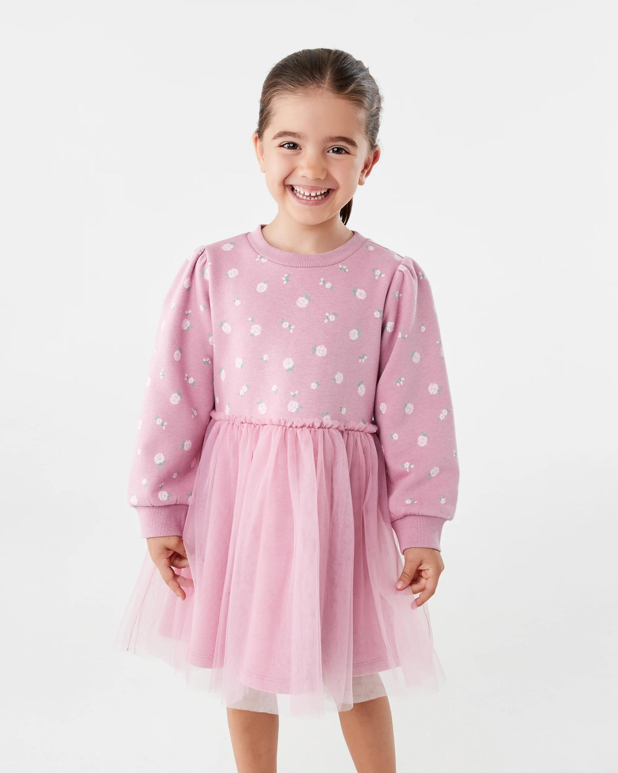 1 Long Sleeve Fleece Tutu Dress Pink Rose, 1 of 8