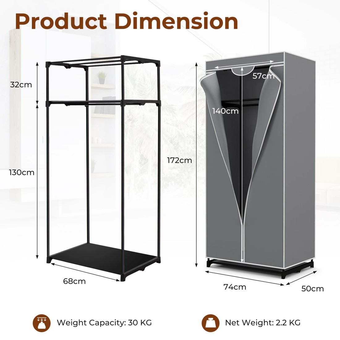 8 Costway Fabric Wardrobe Folding Garment Cabinet Clothes - Grey, 8 of 8