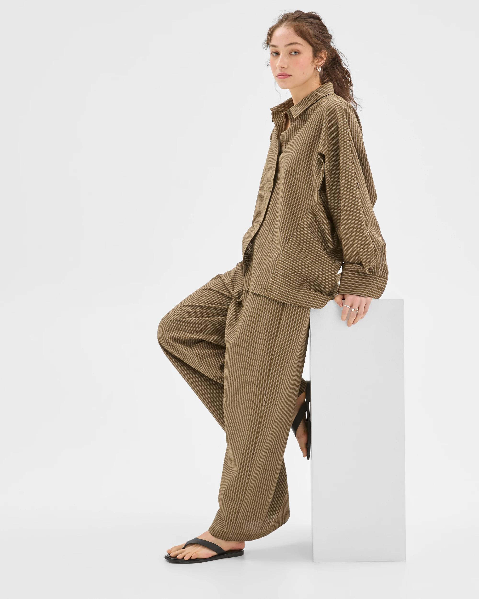 2 Lily Loves Australian Cotton Blend Wide Leg Pants DEEP MOSS STRIPE, 2 of 7