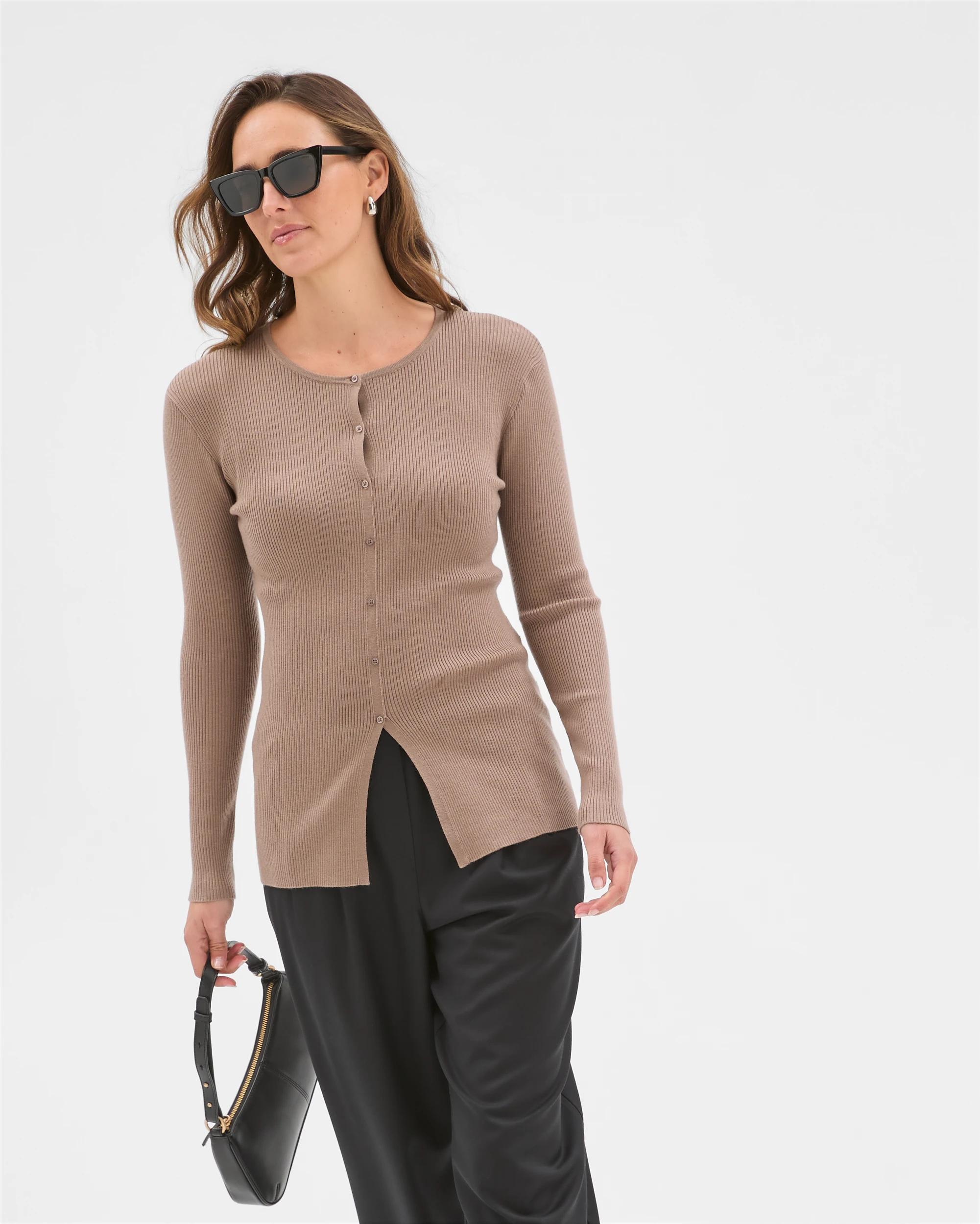 2 Preview Long Sleeve Button Detail Knit Top PARCHMENT, 2 of 6