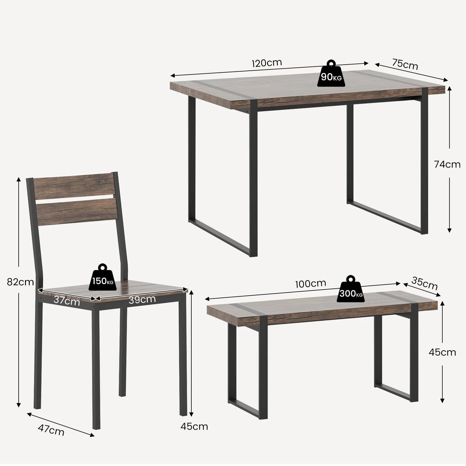3 Costway 4PCS Modern Dining Table Set Wooden Rectangular Kitchen Table w/1 Bench & 2 Chairs - Grey, 3 of 3