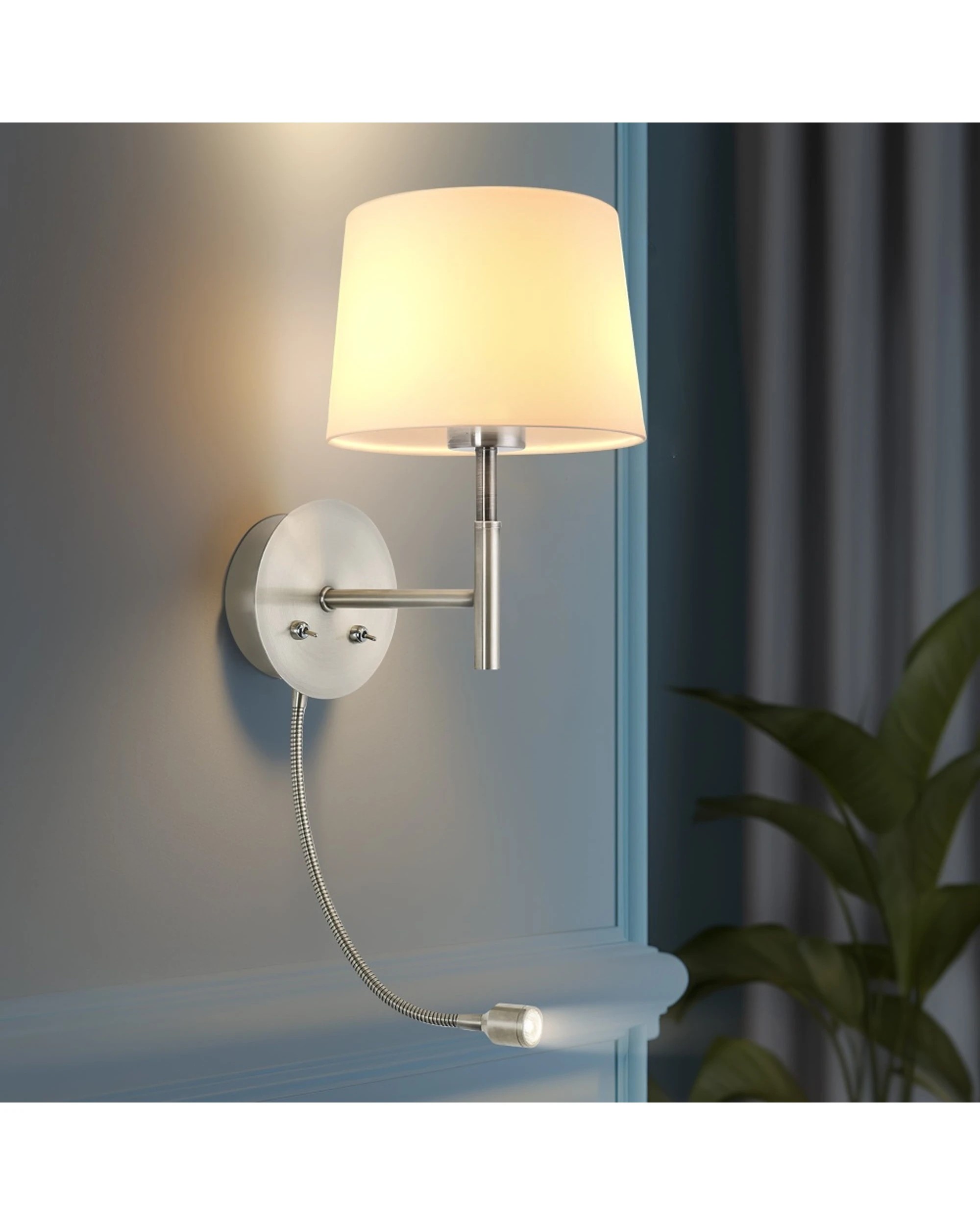 Lexi Lighting Riley Wall Light Satin Chrome Fabric Shade E27 LED ...
