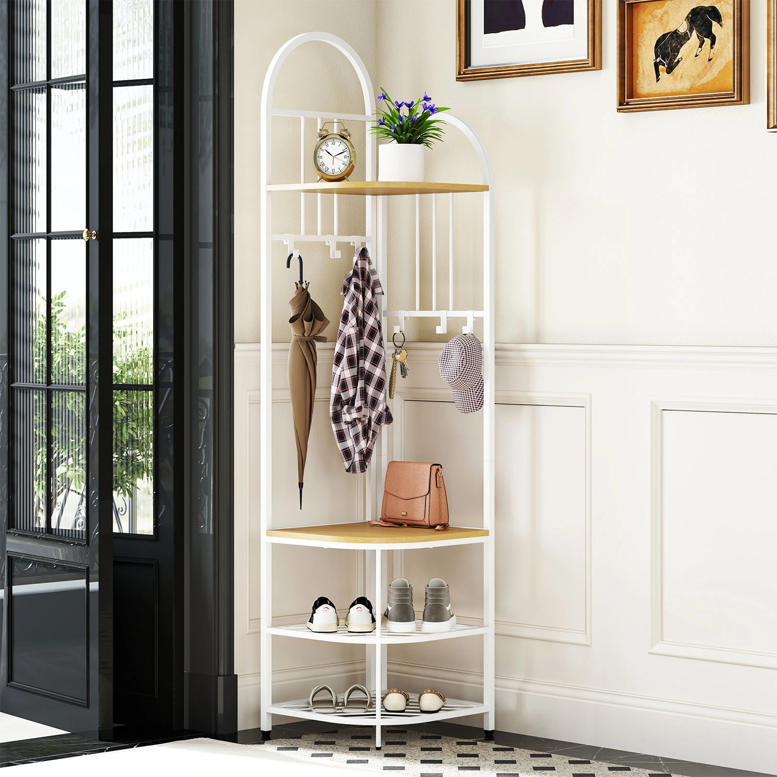 2 Costway 4-Tier Coat Rack 180cm Corner Hall Tree w/Shoe Storage Bench & 6 Removable Hooks - White, 2 of 3