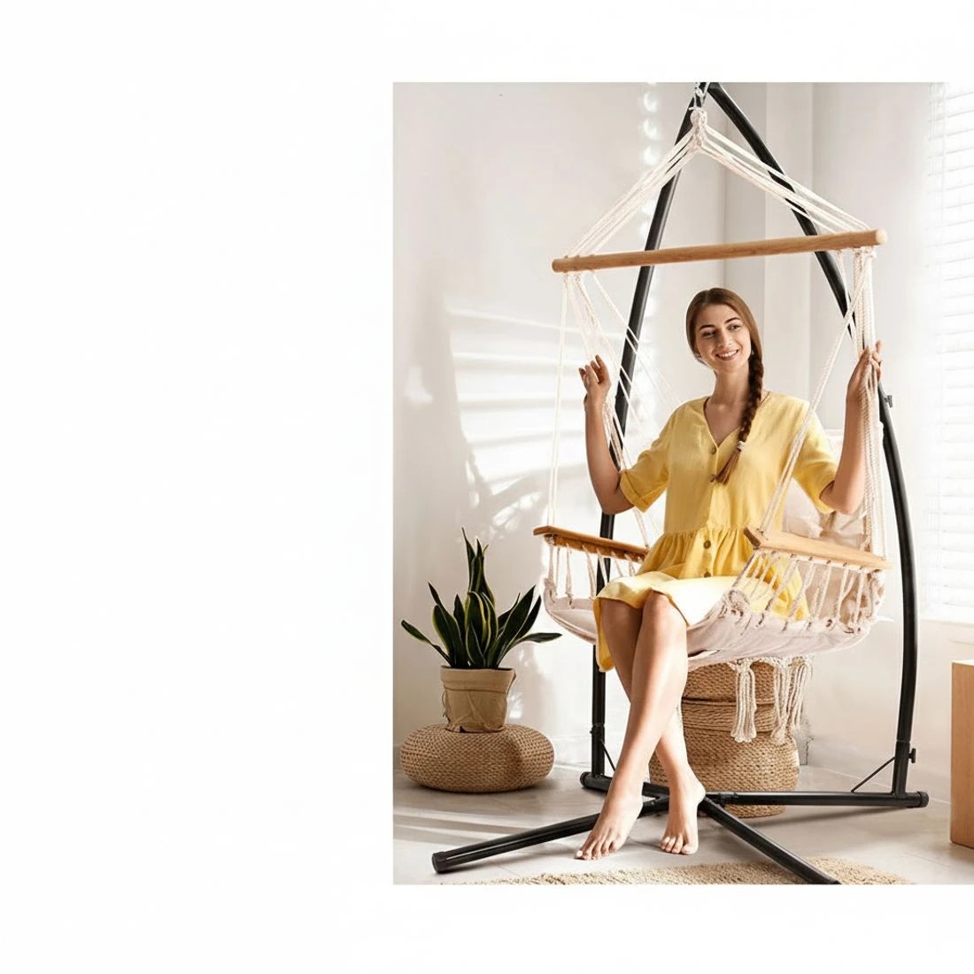 4 Gardeon Hammock Chair with Steel Stand Armrest Outdoor Hanging Cream - Multi, 4 of 6