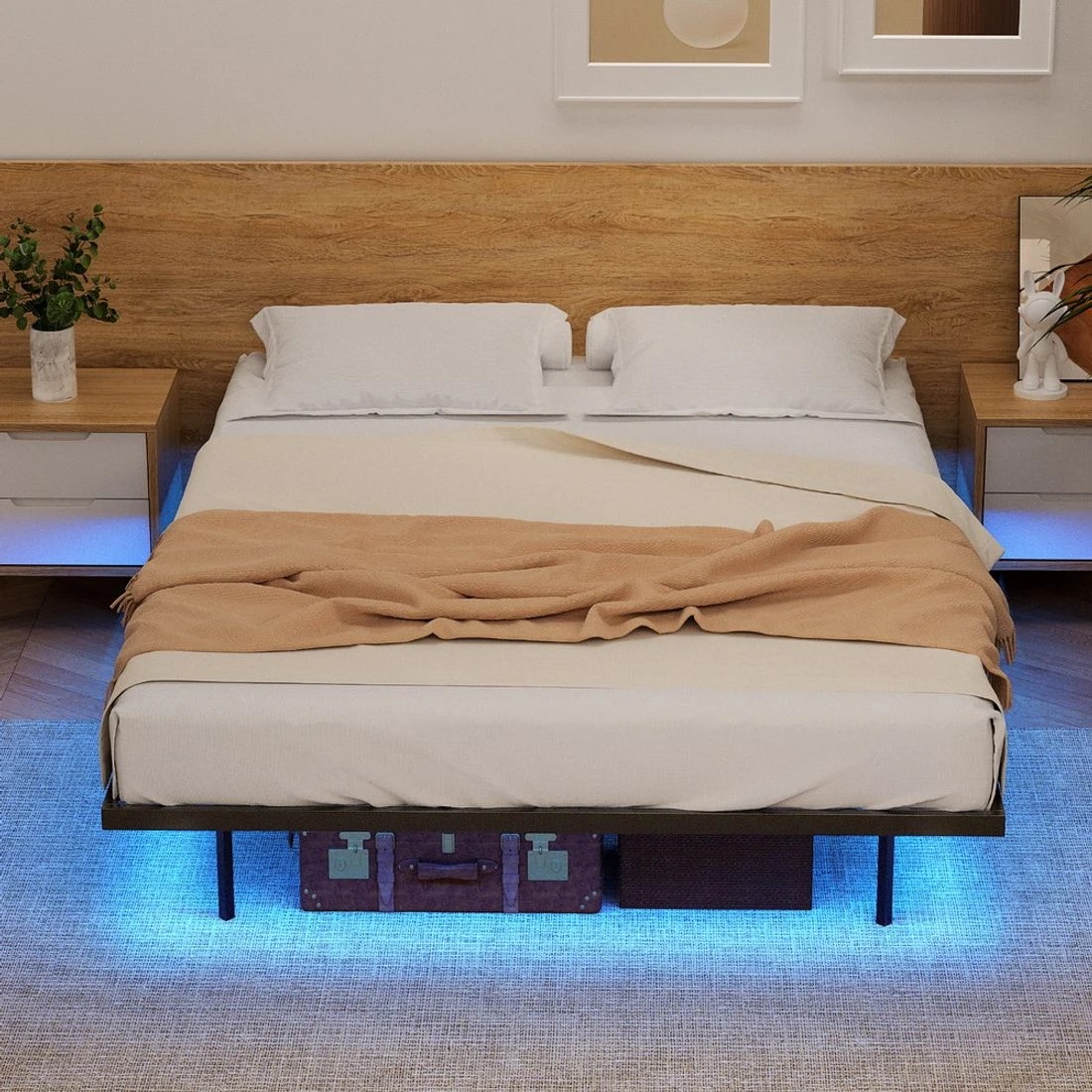3 Artiss Double Bed Frame,Floating Metal Bed Frame with Smart LED Lights - Sturdy Metal Platform Bed Base - Black, 3 of 4