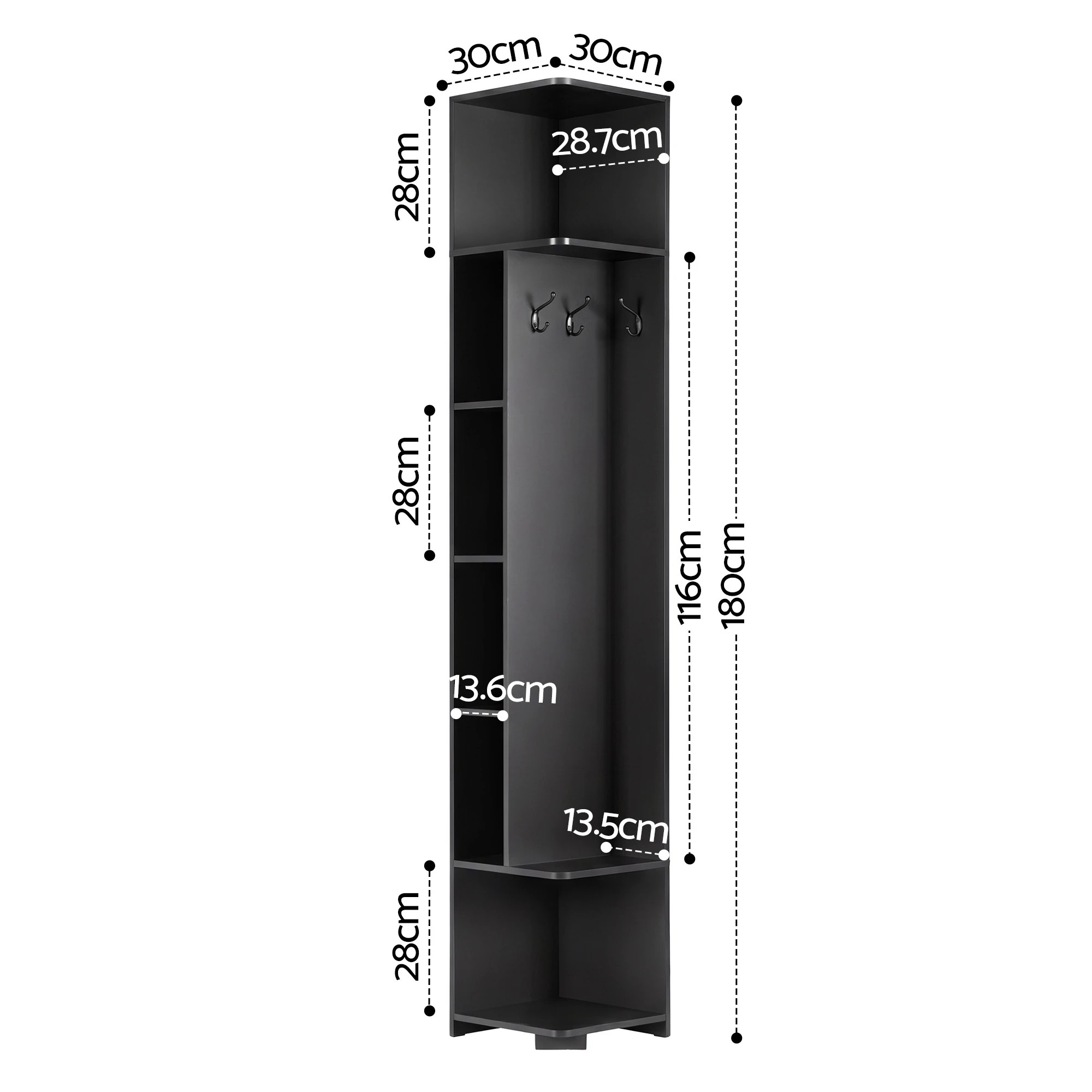 Artiss Corner Bookshelf 6-Tier Shelving with Coat Rack - Black - Kmart