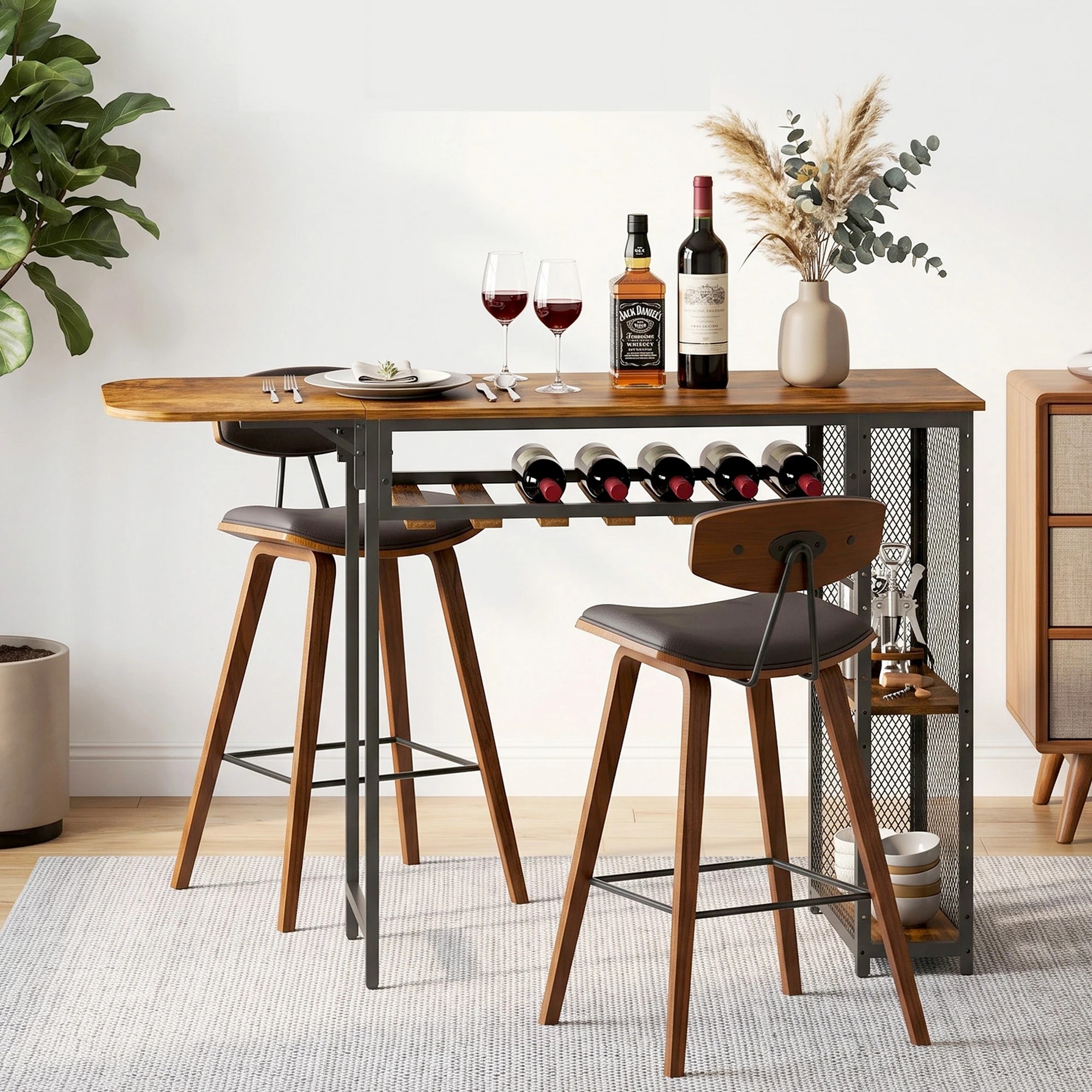5 Artiss 3PCS Bar Table and Stools Set Dining Table Solid Wood Kitchen Chairs Cafe Pub - Multi, 5 of 9