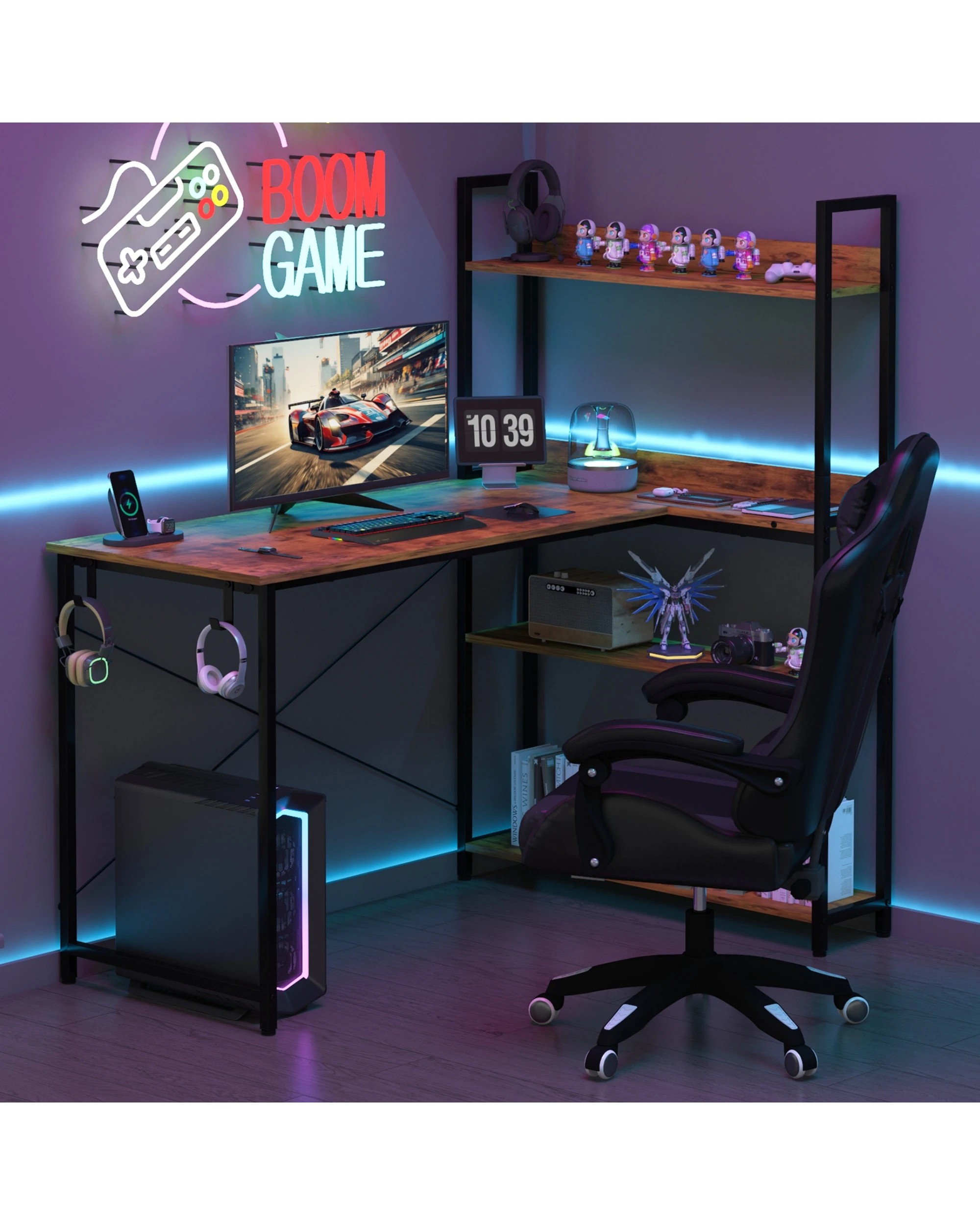 9 Advwin 110cm L Shaped Computer Desk With Reversible Storage Shelves Corner Desk  Walnut, 9 of 9