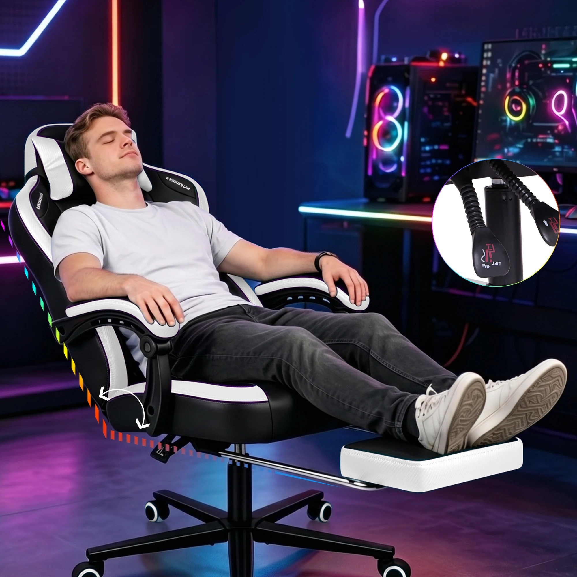 10 Alfordson Gaming Office Chair Ergonomic Computer Footrest Leather - White, 10 of 10