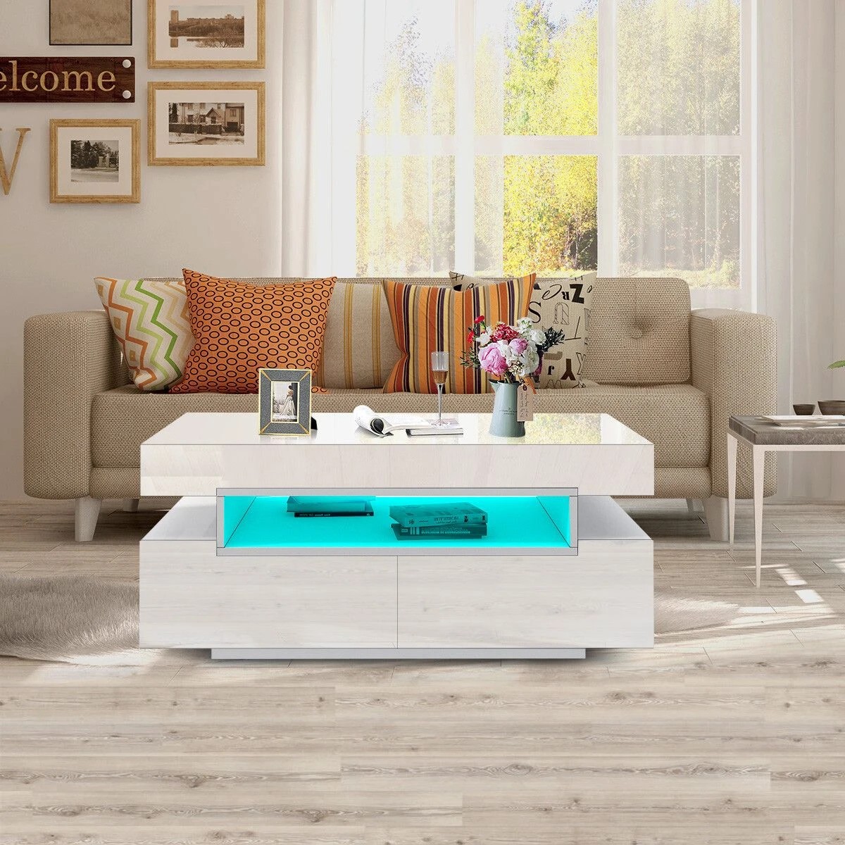 4 Ausway Rectangle Modern Coffee Table High Gloss Storage with 4 Drawers LED, 4 of 6
