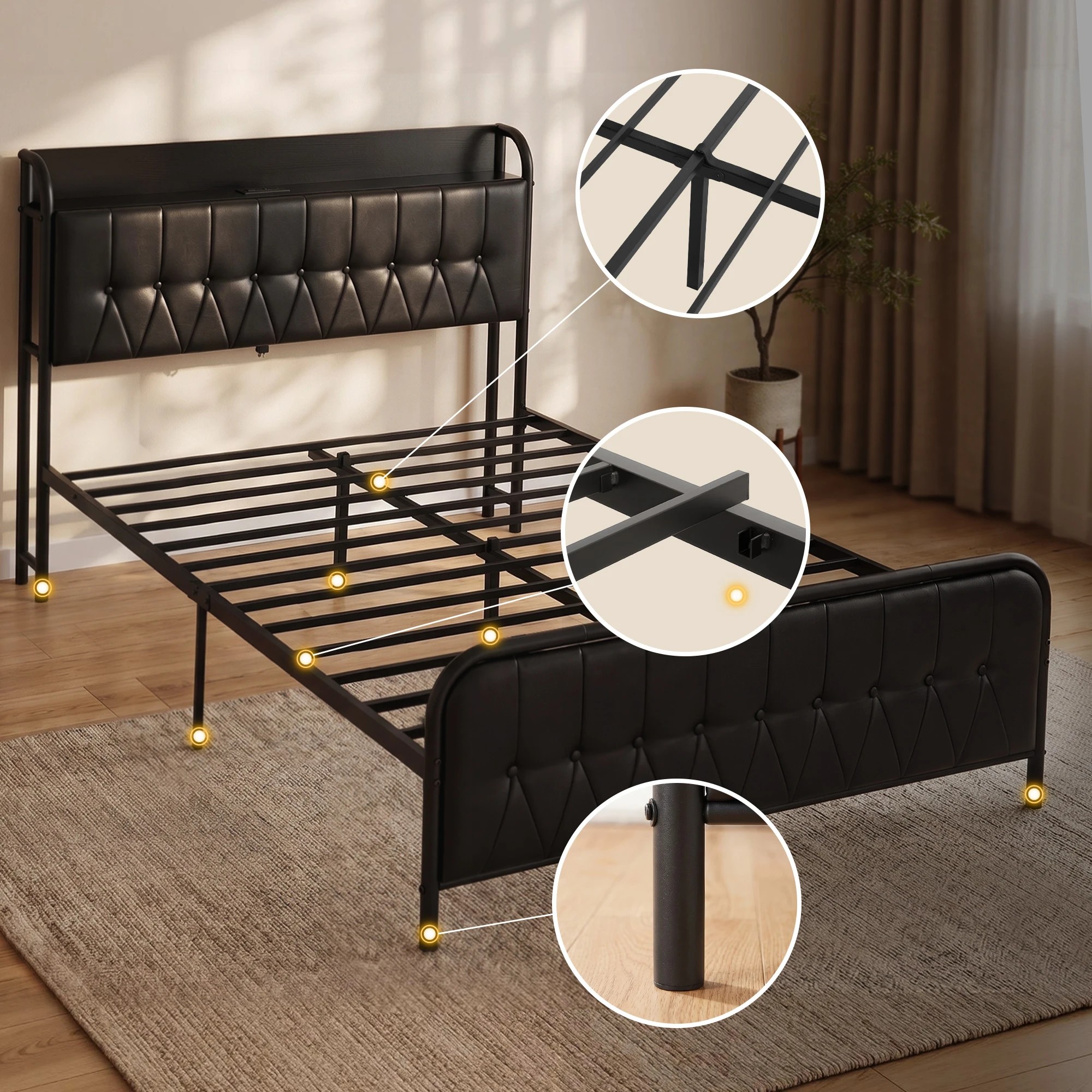 8 Artiss Double Bed Frame with Storage Headboard SAA Certified Charging Station - Black, 8 of 10