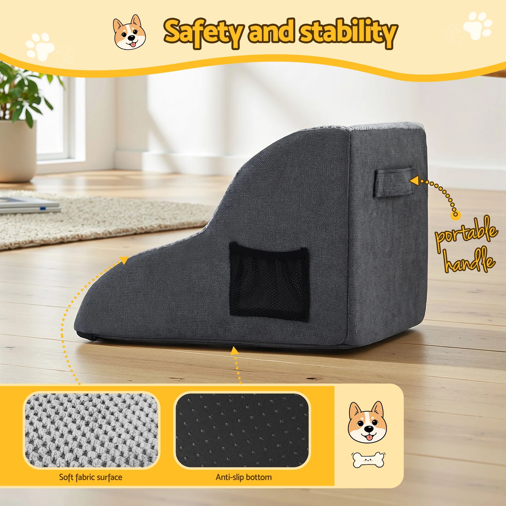 3 i.Pet Dog Ramp 2 Steps For Small Dogs Bed Sofa Car Foam Non-Slip Pet Cat - Grey, 3 of 5