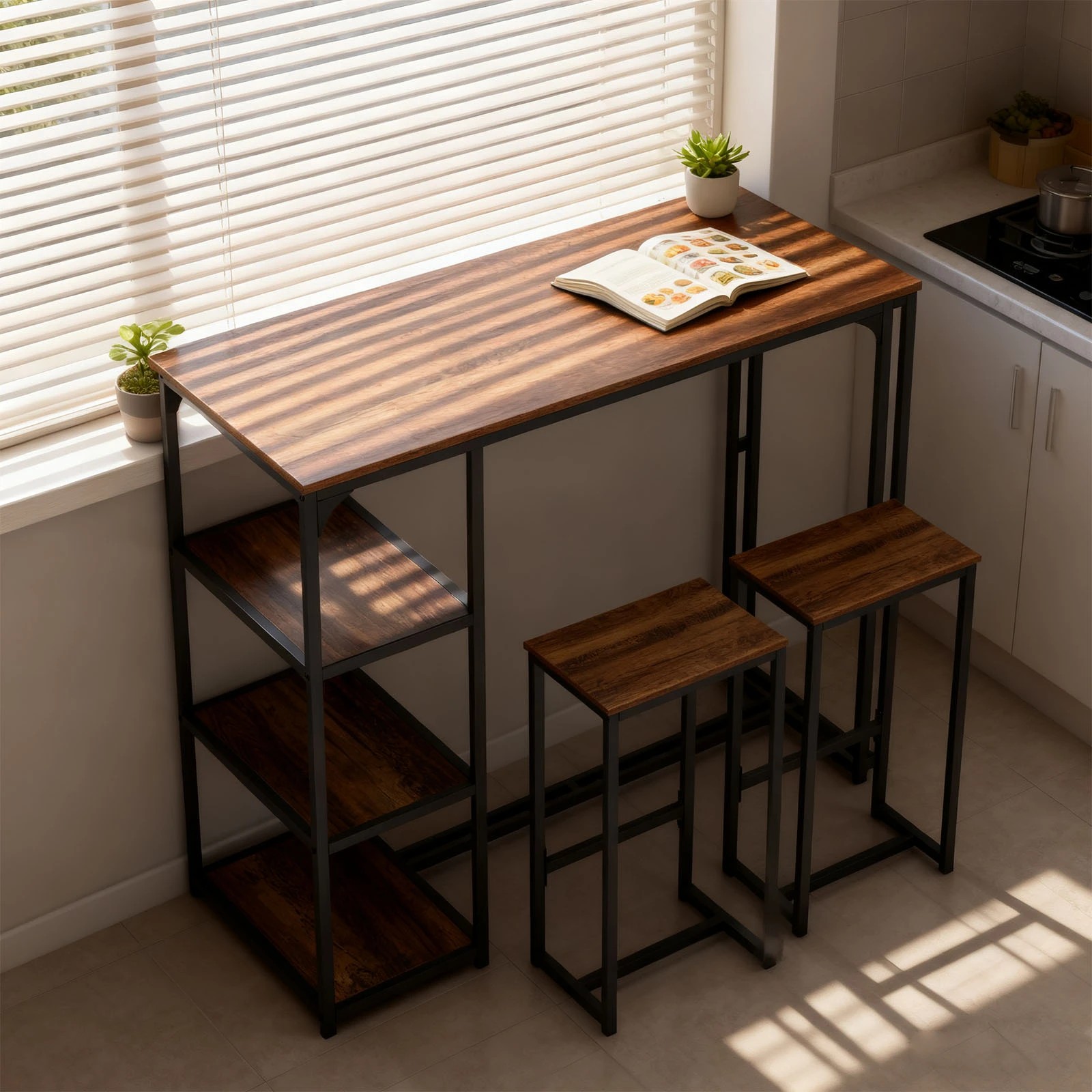 4 Costway 3PCS Dining Furniture Set Bar Table & 2 Stools 3 Storage Shelf Metal Frame, 4 of 4