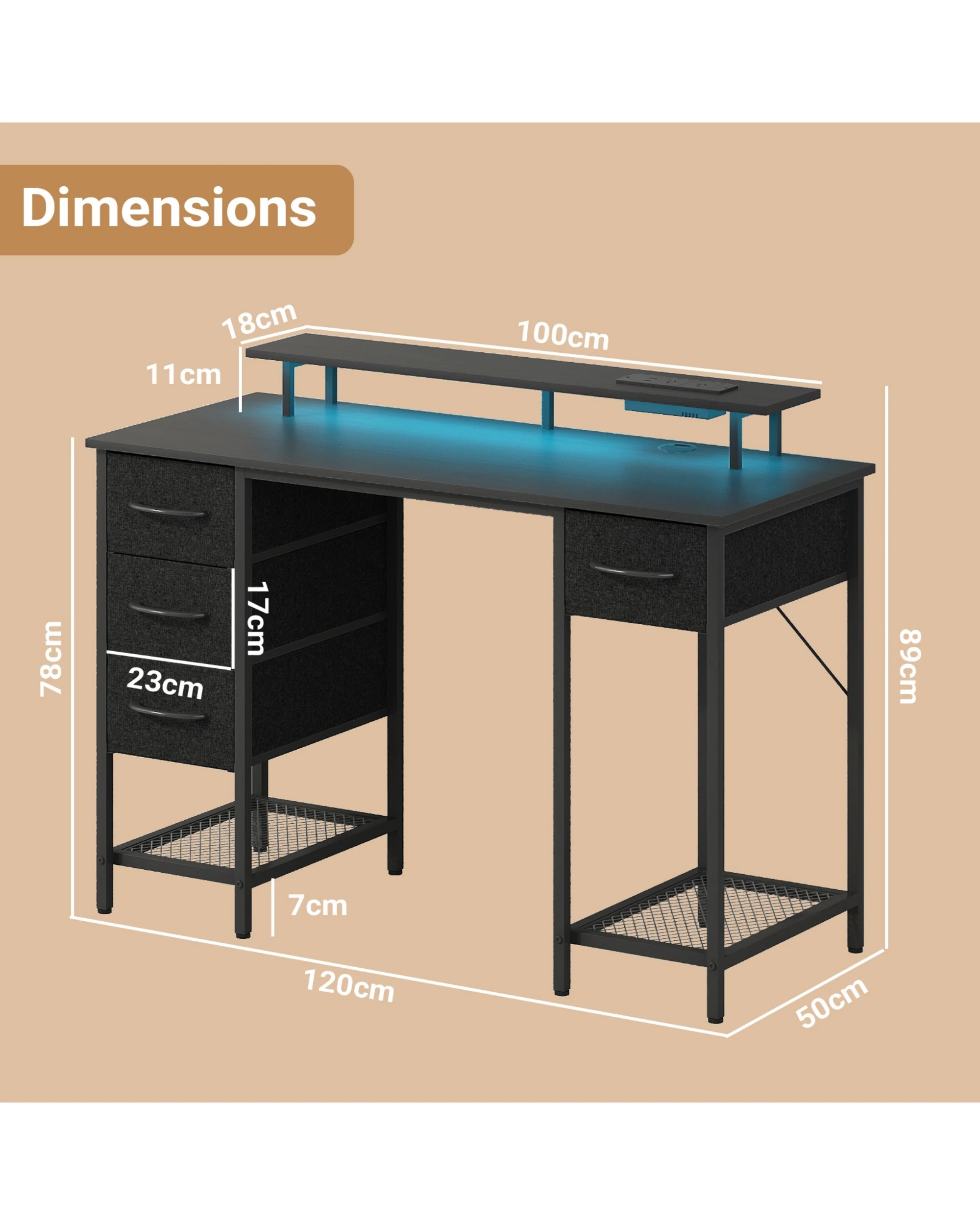 2 Advwin 120cm Computer Desk With Led Lights Power Outlets Gaming Desk Black, 2 of 10