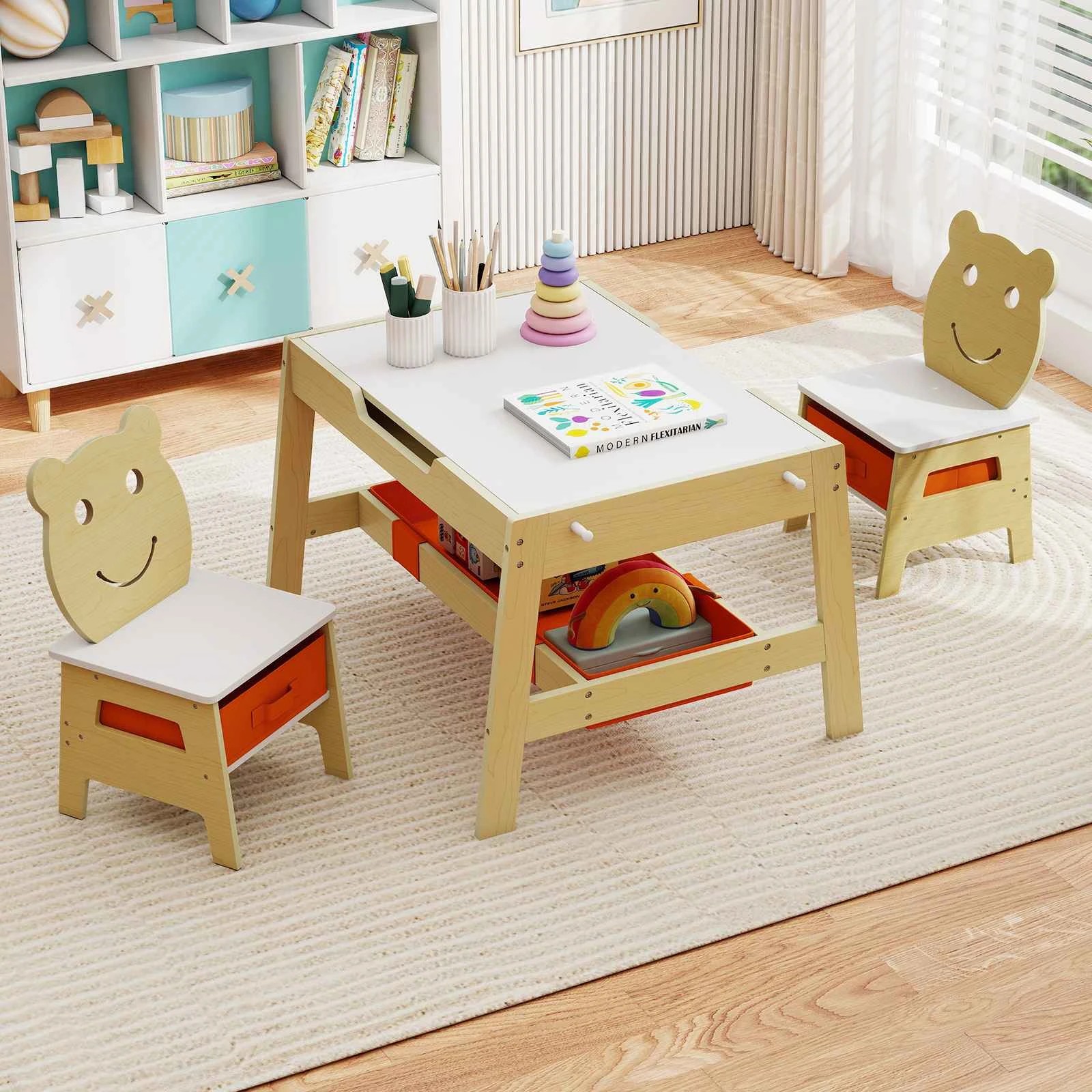 3 Costway Table & 2 Chairs Set Wooden Activity Furniture Double-sided Chalkboard Whiteboard - Natural, 3 of 3