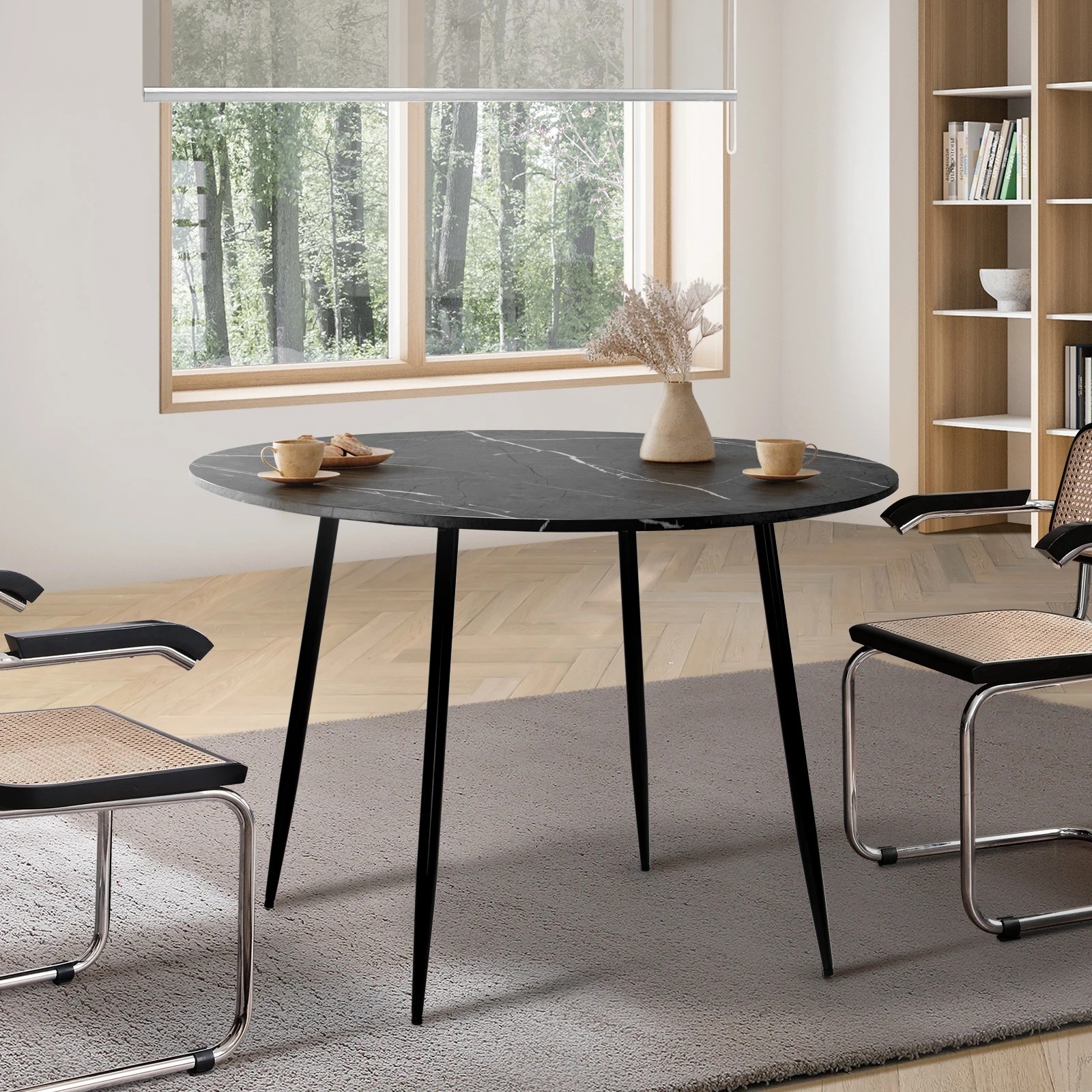 2 Oikiture 110cm Dining Table Round Wooden Table With Marble Effect Metal Legs
 - Multi, 2 of 9