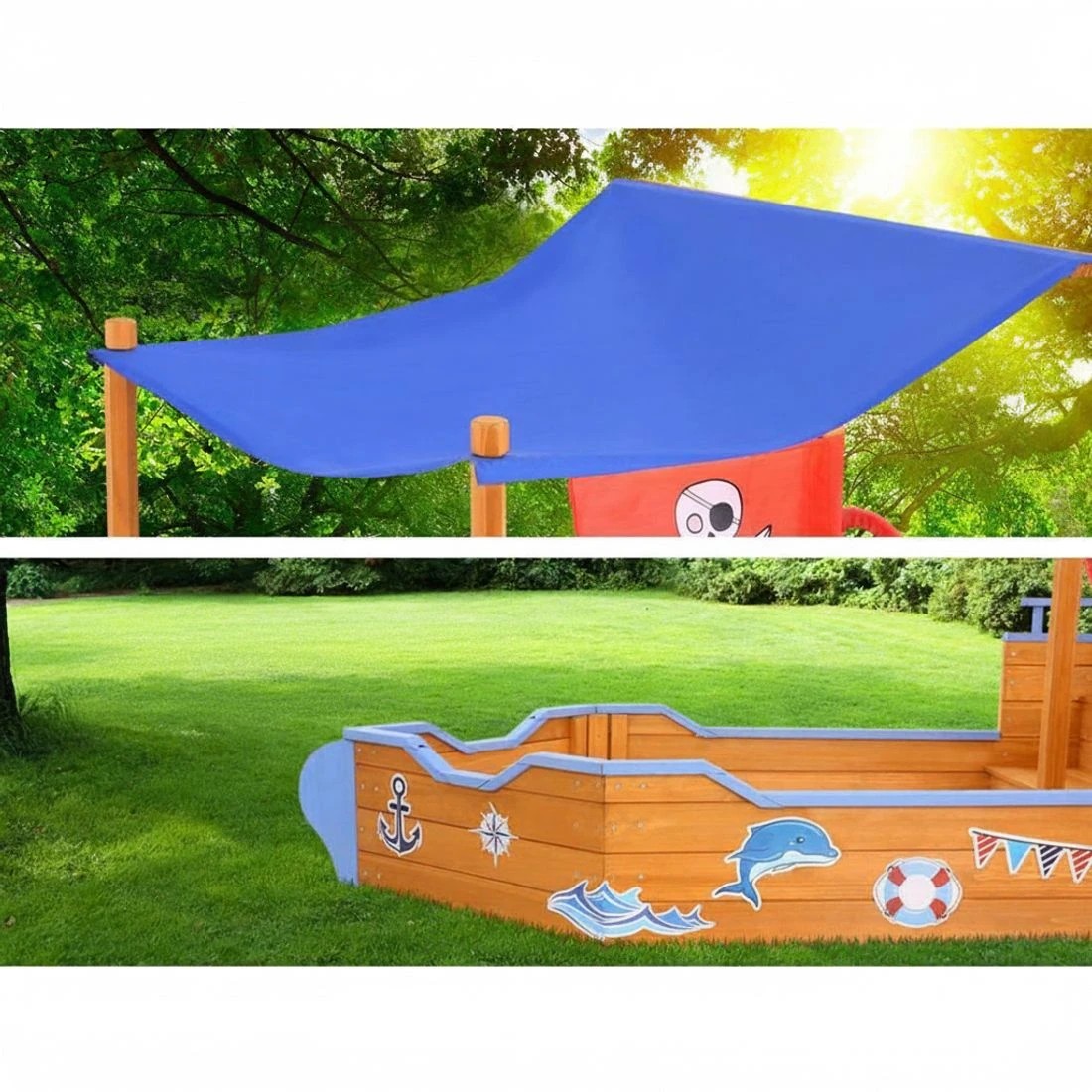 5 Keezi Kids Sandpit Wooden Boat Sand Pit with Canopy Bench Seat 165cm - Multi, 5 of 5